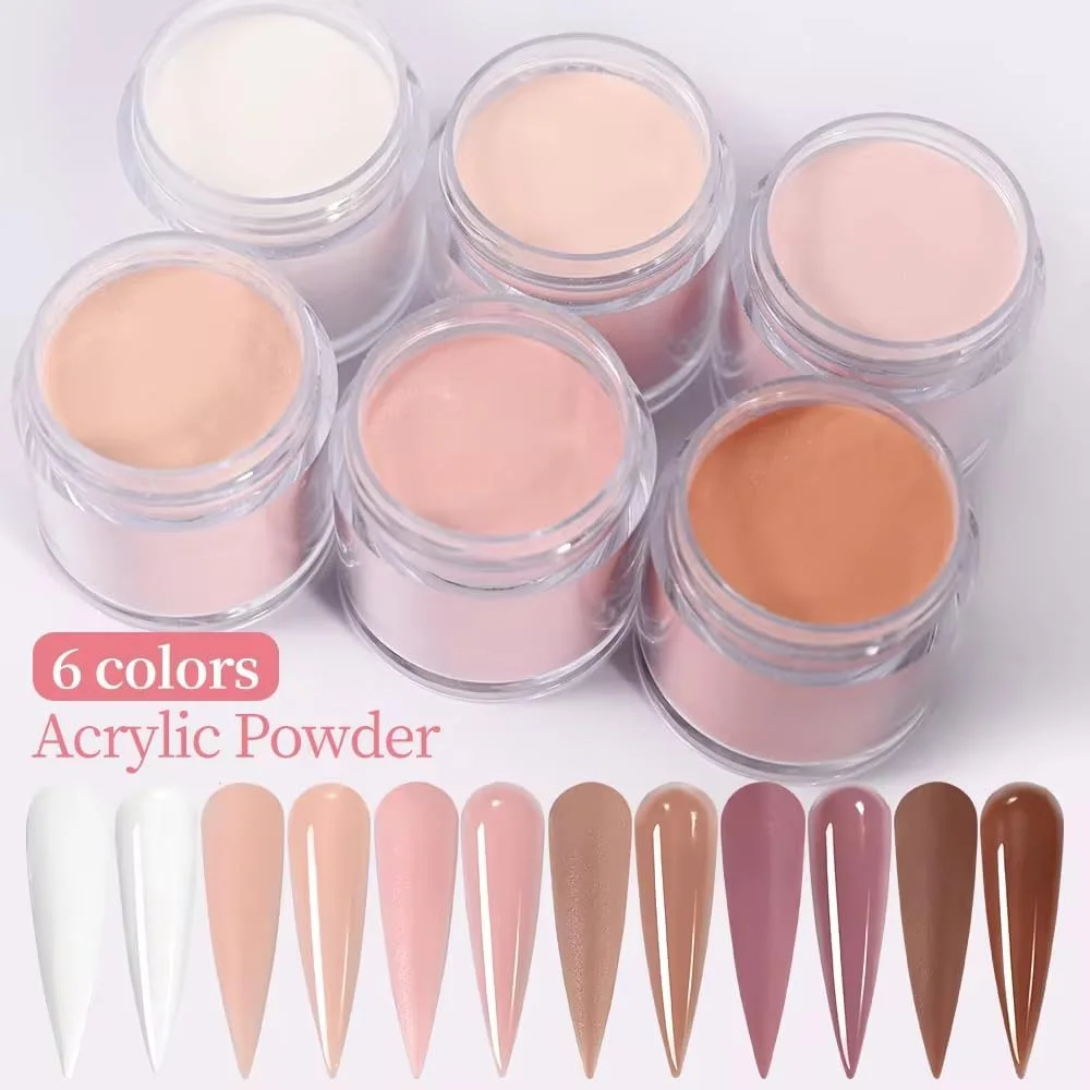 ست پودر اکریلیک ناخن با کیفیت عالی، 6 رنگ ژله ای شفاف، نود، سفید شیری و صورتی برای طراحی سه بعدی ناخن و اکستنشن فرانسوی