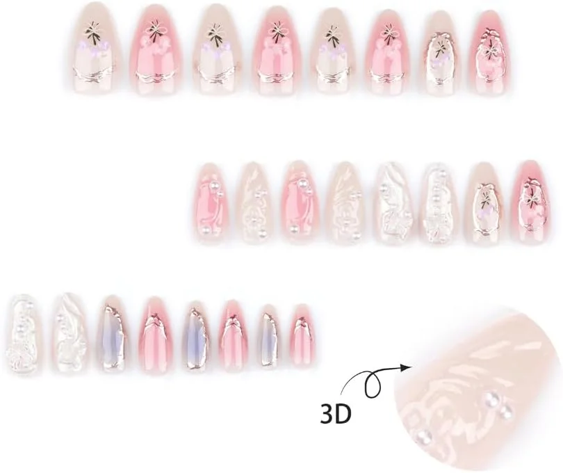 ناخن مصنوعی 24 عددی، طرح پروانه سه بعدی، ناخن های اکریلیک مصنوعی با چسب