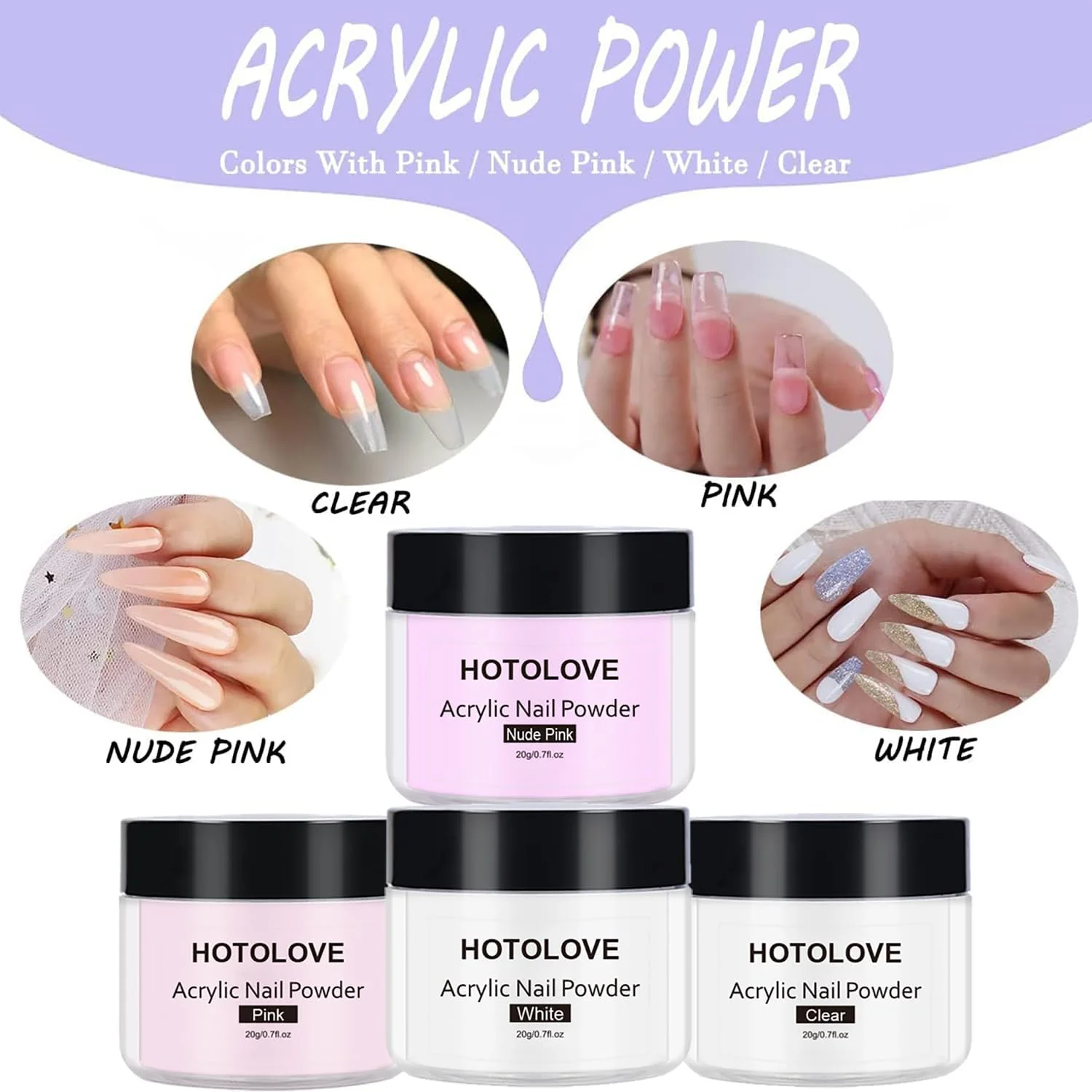 ست پودر و لیکوئید اکریلیک حرفه ای - کیت ناخن با 5 قلم مو، 4 رنگ (سفید، شفاف، صورتی، صورتی کالباسی) برای کاشت ناخن، ست طراحی فرنچ