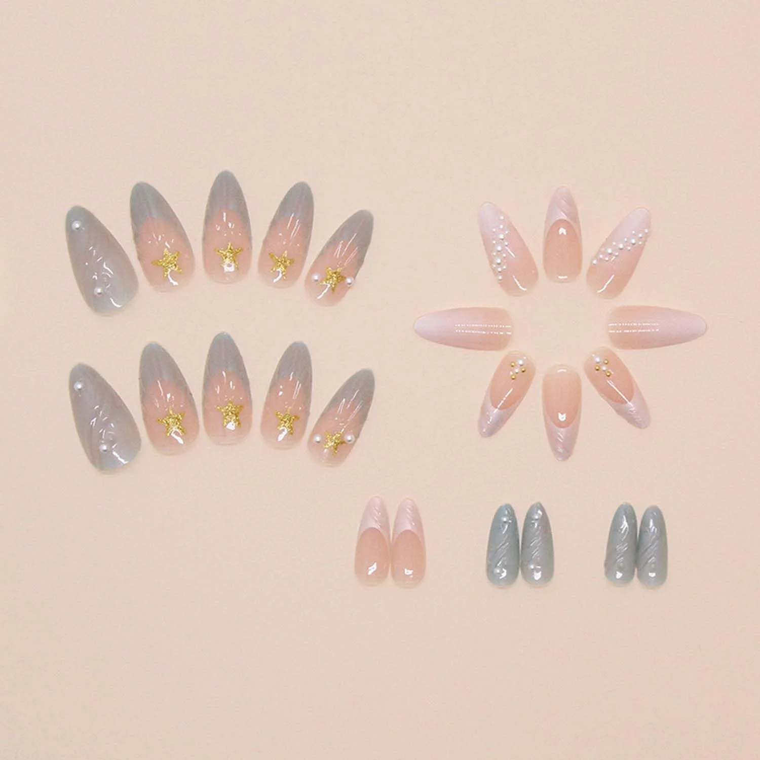 ناخن مصنوعی طرح تابستانی بادامی نوک فرانسوی اقیانوسی، ناخن های مصنوعی برجسته 5 بعدی با طرح صدف و ستاره، ناخن های اکریلیک پوشش کامل مرواریدی، ناخن چسبی آبی براق پری دریایی برای زنان