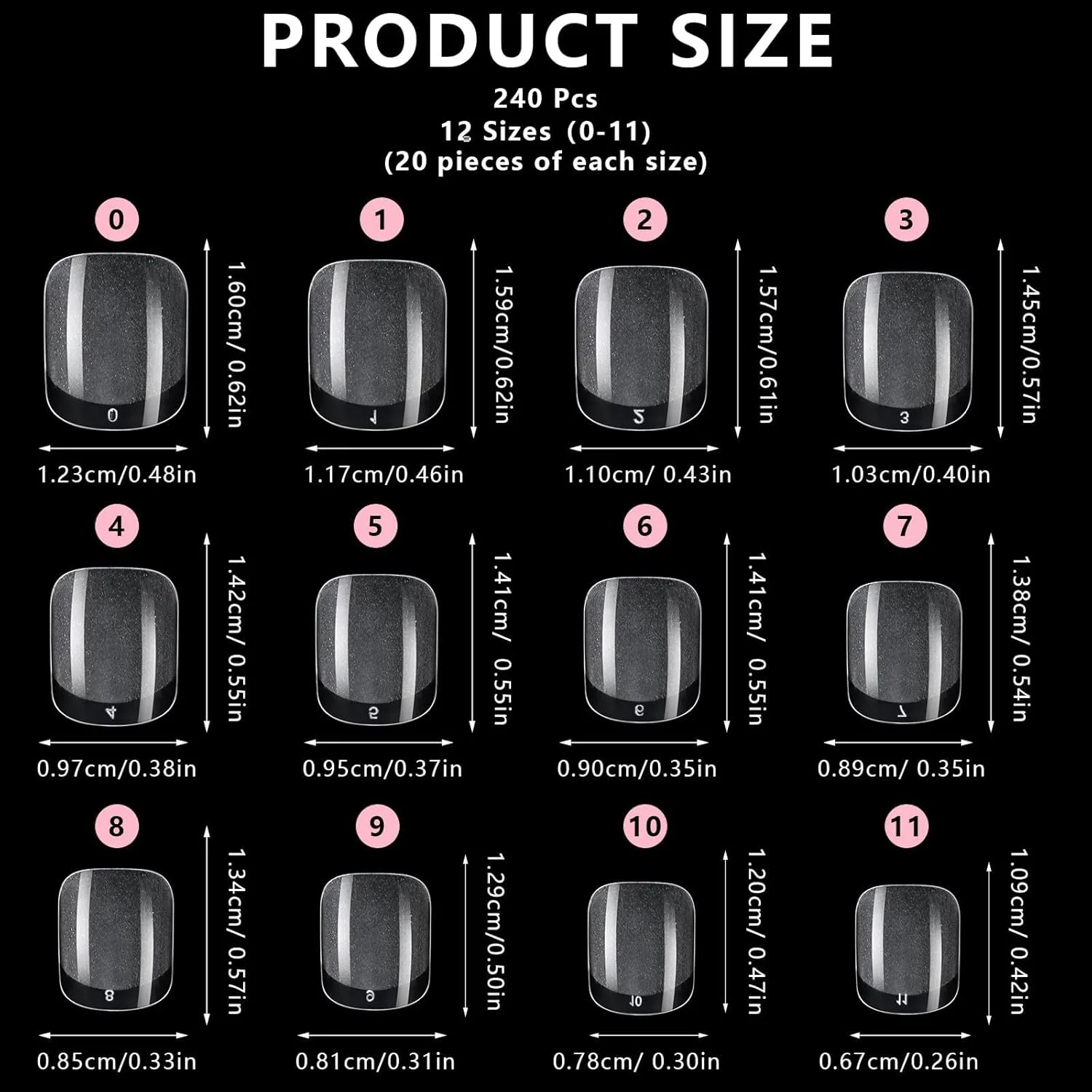 240 عدد تیپ ناخن بادامی کوتاه Rukoy، پوشش کامل اکریلیک فوق العاده کوتاه مربعی گرد، ناخن مصنوعی برای طراحی ناخن در سالن های مانیکور، اکستنشن ناخن (12 سایز، نیمه مات شفاف)