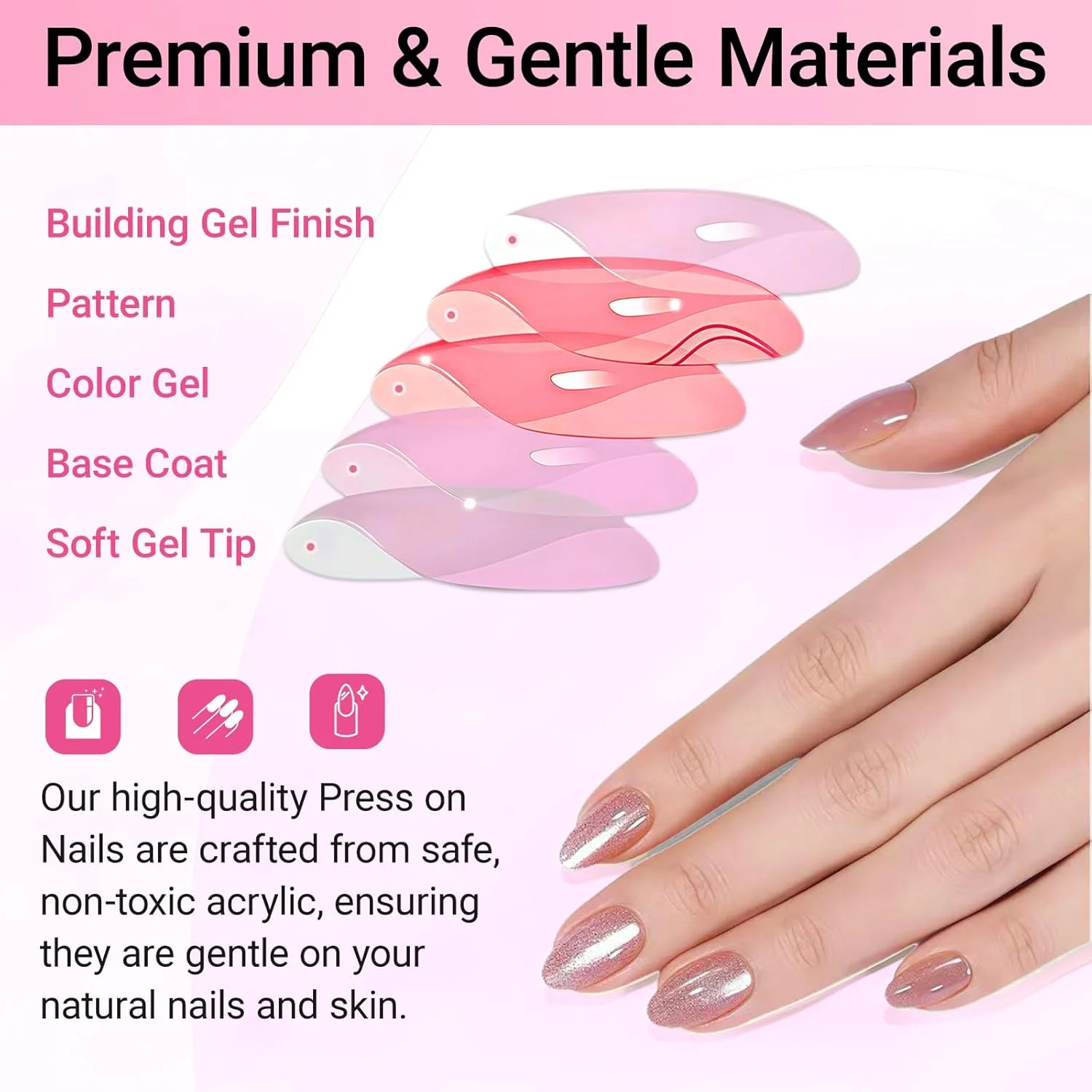 ناخن مصنوعی نالاینا 24 عددی، ناخن های مصنوعی، ناخن های اکریلیک تقلبی، رنگ ثابت براق گرادیانی برای زنان و دختران، همراه با چسب و سوهان ناخن (صورتی روشن)