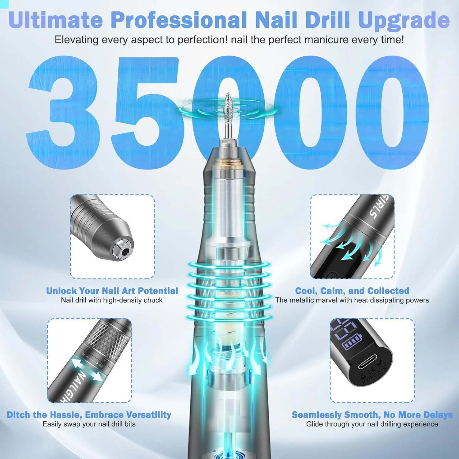 دستگاه سوهان برقی ناخن بدون سیم NAILGIRLS، سوهان برقی قابل حمل 35000 دور در دقیقه به همراه مجموعه سر سوهان برای سوهان کاری ناخن های اکریلیک، مانیکور و پدیکور - خاکستری