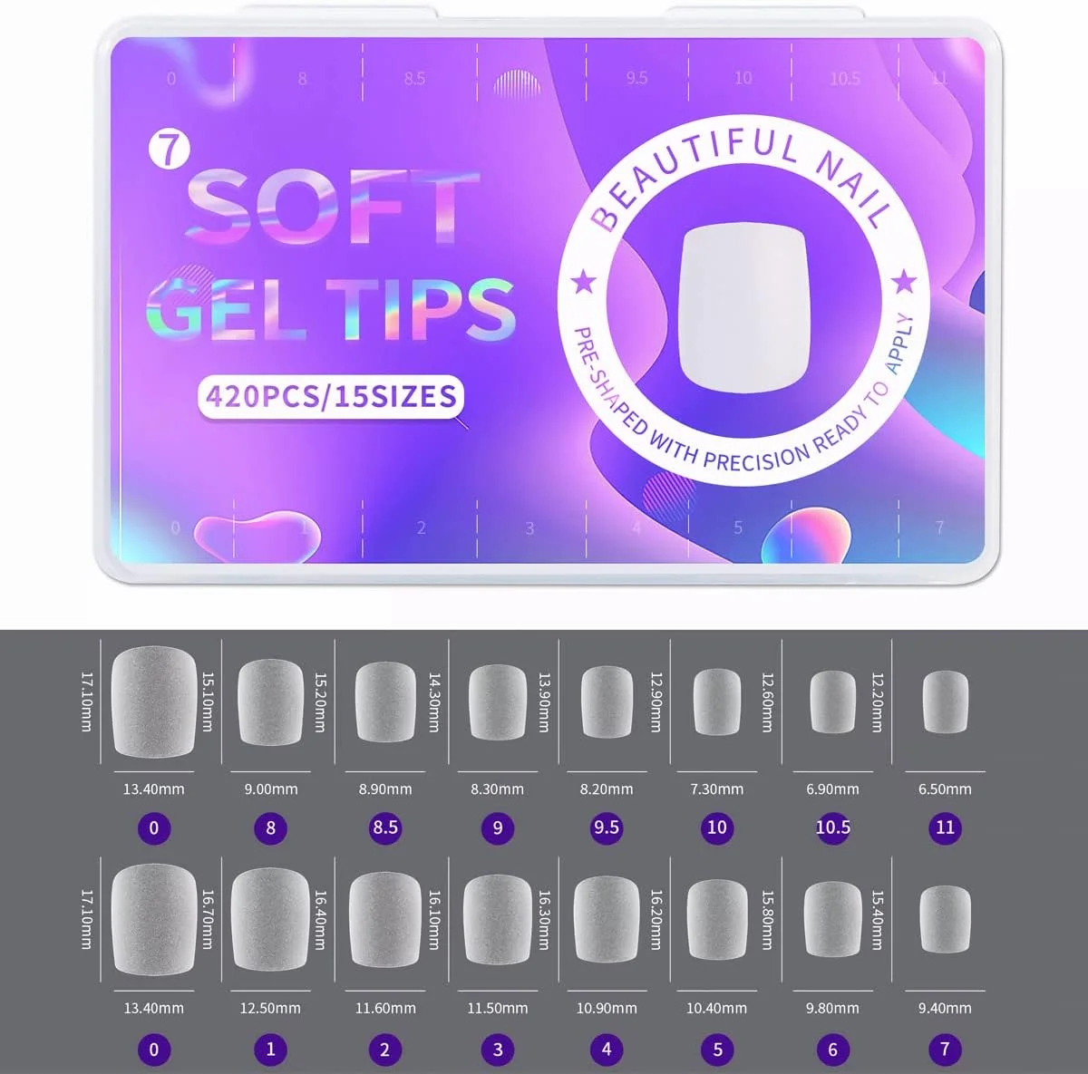 420 عدد تیپ ناخن طبیعی OneNine، ناخن مصنوعی کوتاه با پوشش نیمه، 15 سایز تیپ ناخن اکریلیک، ناخن مصنوعی فرانسوی مربعی، تیپ های ژل نرم و هنر ناخن DIY (سایز 7)