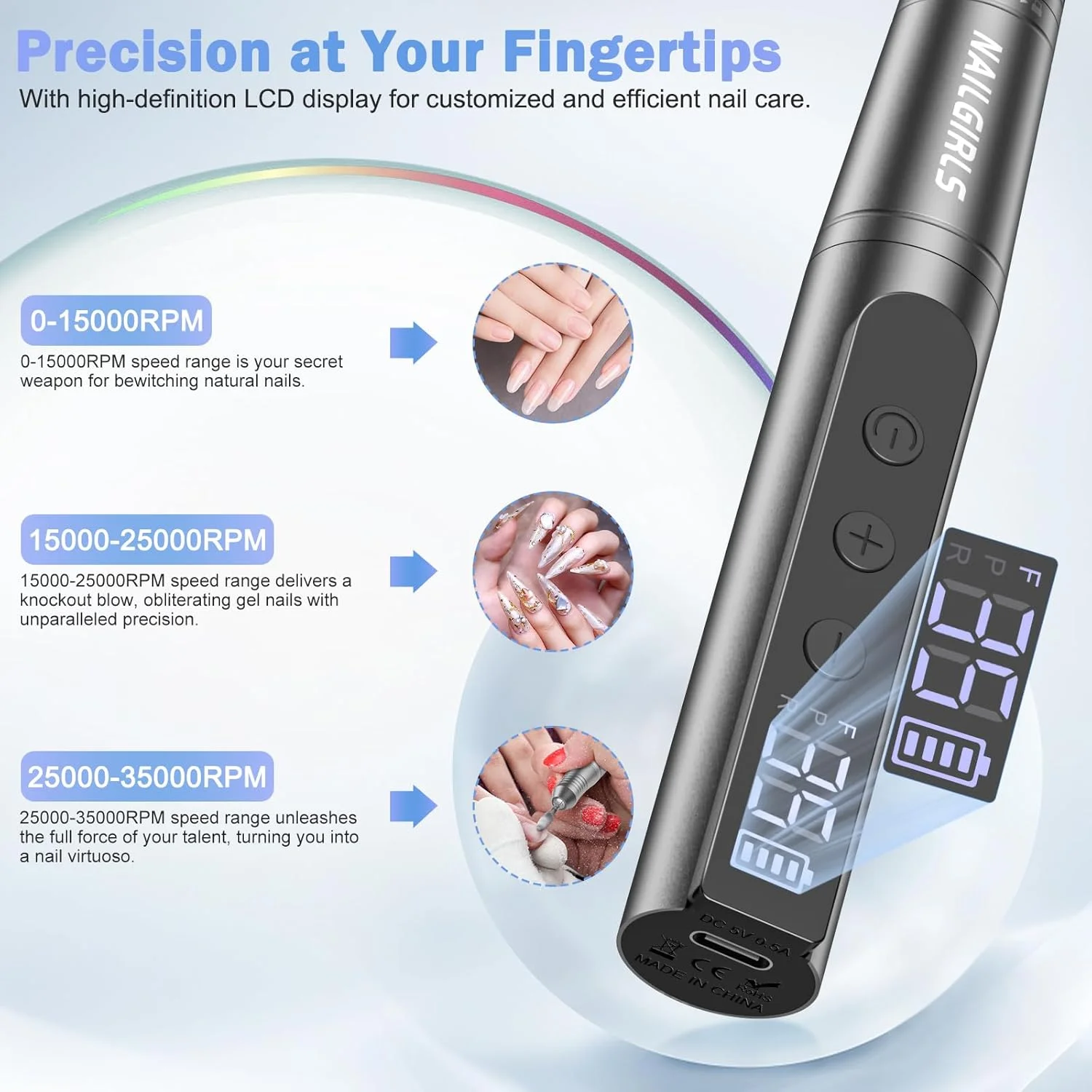 دستگاه سوهان برقی ناخن بدون سیم NAILGIRLS، سوهان برقی قابل حمل 35000 دور در دقیقه به همراه مجموعه سر سوهان برای سوهان کاری ناخن های اکریلیک، مانیکور و پدیکور - خاکستری