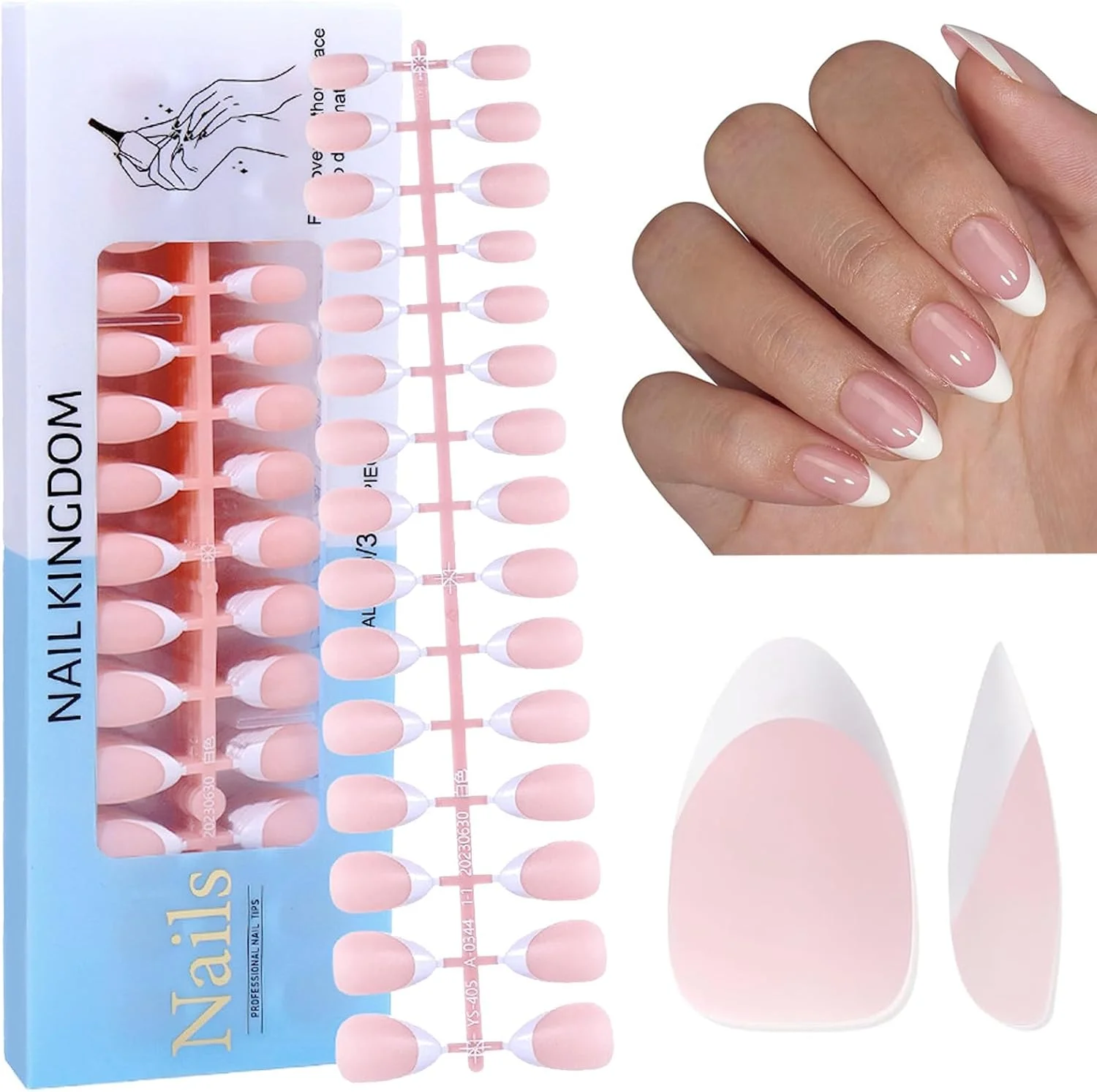 ناخن مصنوعی پوشش کامل اوشیما، لبه فرانسوی سفید، ناخن های اکریلیک مصنوعی، نوک ناخن ژلی بادامی کوتاه برای طراحی ناخن، ناخن مصنوعی صورتی هلویی، نوک سفید، 15 سایز، دارای پرایمر و لایه پایه