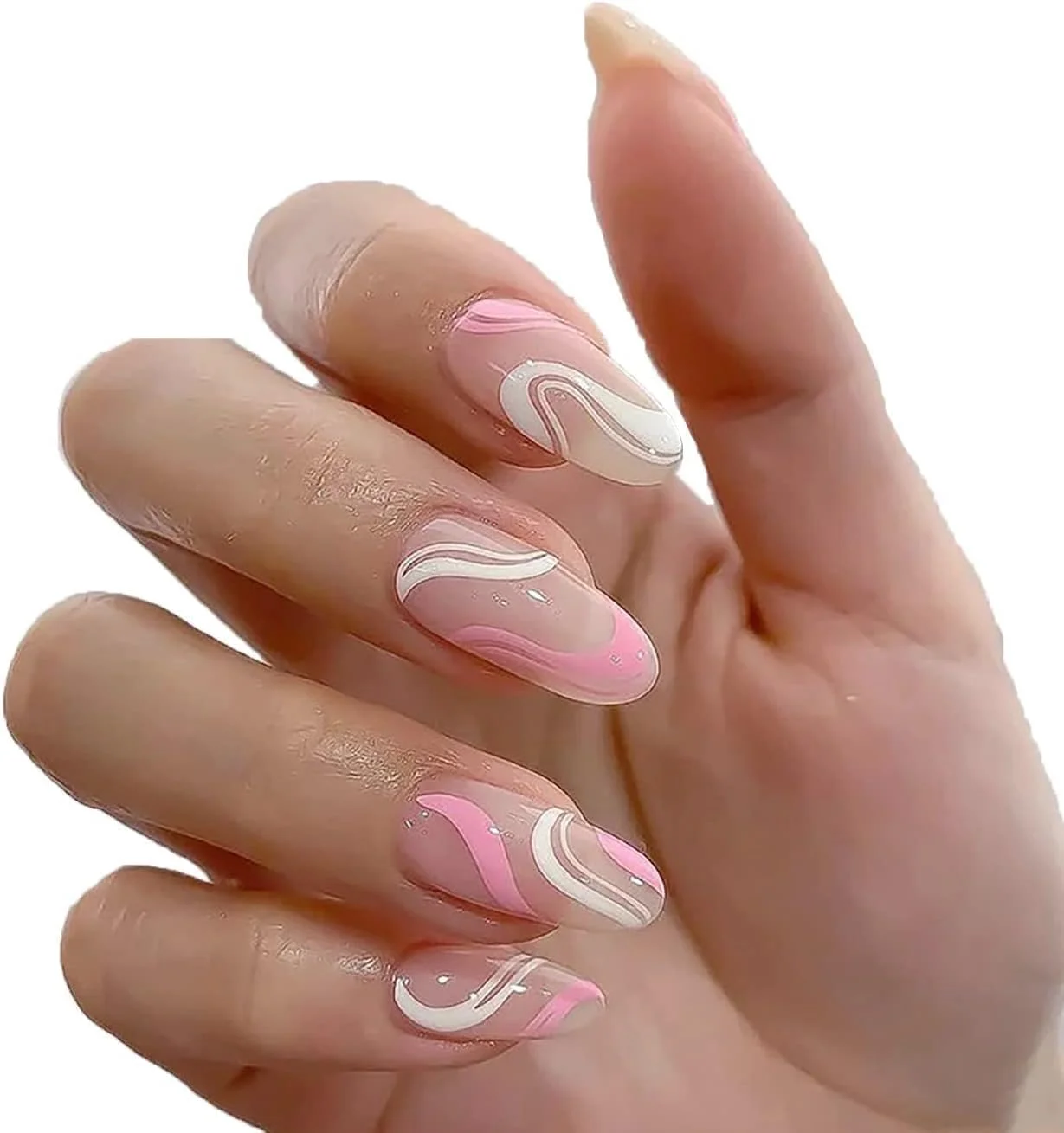 ناخن مصنوعی چسبی نوک تیز با طول متوسط، پوشش کامل، قابل استفاده مجدد، ناخن های مصنوعی اکریلیک برای زنان، ناخن های پرسی با طرح، شکل بادامی، 24 عدد