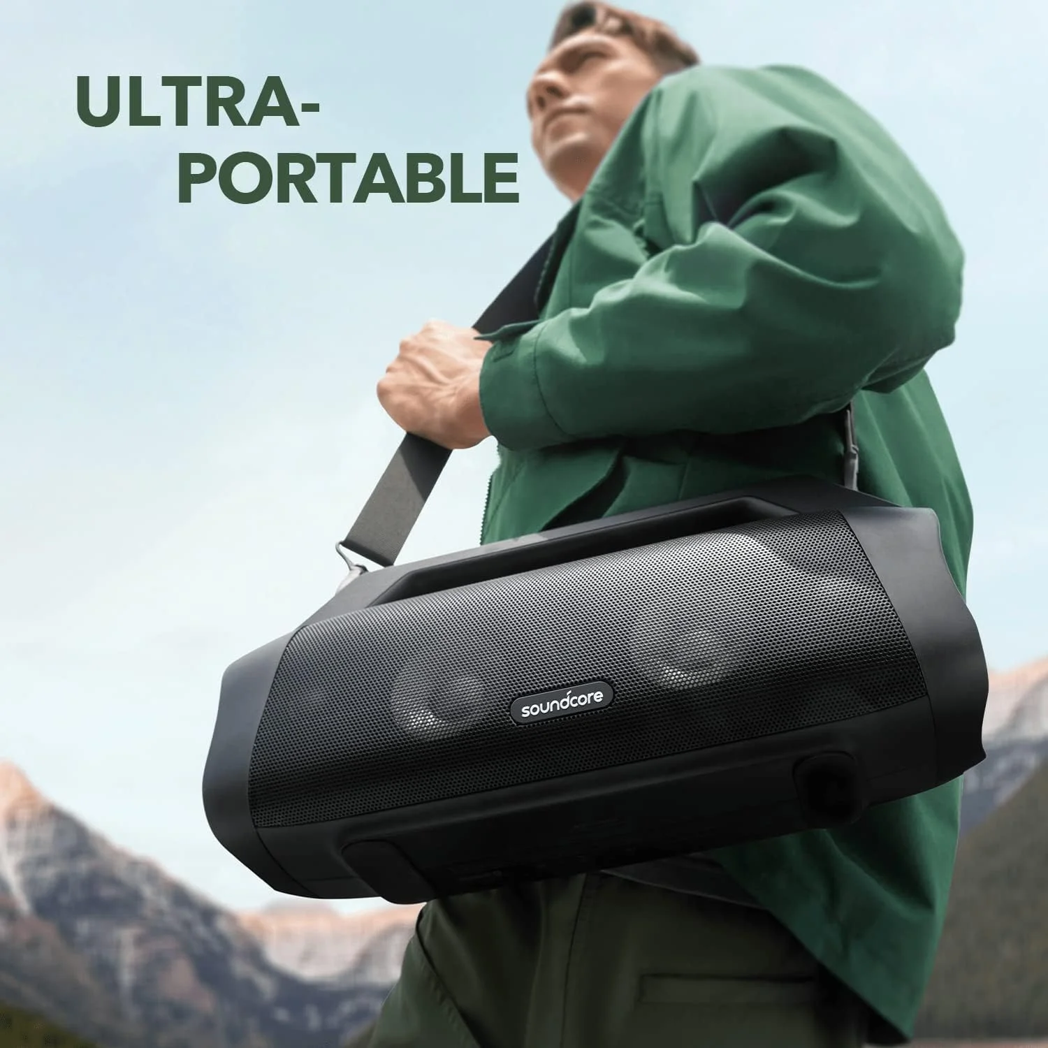 اسپیکر بلوتوثی قابل حمل و ضدآب Anker Soundcore Motion Boom Plus مناسب فضای باز با صدای فراگیر 80 واتی، 20 ساعت پخش مداوم، استاندارد IP67 مقاوم در برابر آب و گرد و غبار، پورت Type-C، اکولایزر قابل تنظیم، بلوتوث 5.3، مناسب فضای باز و کمپینگ