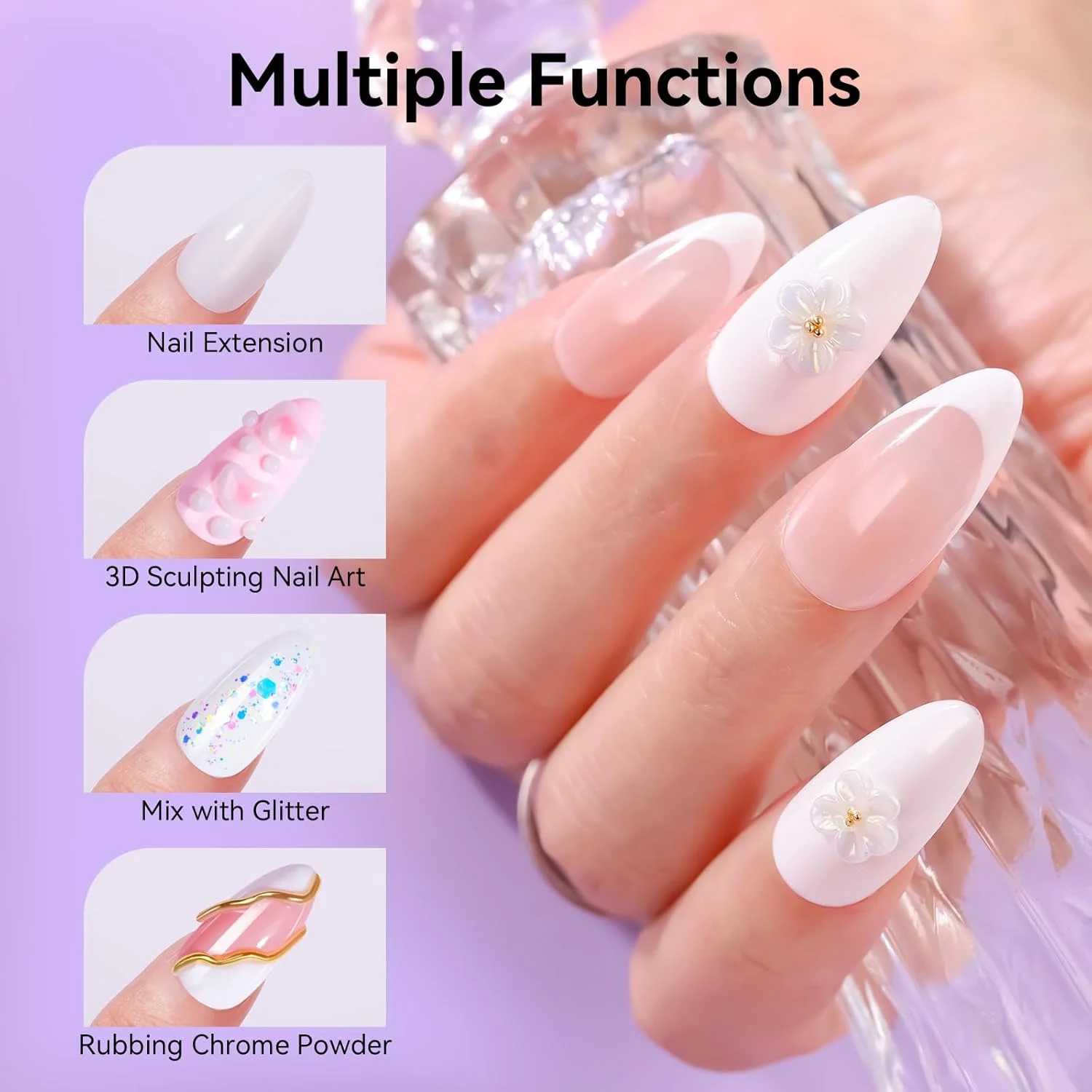 ژل ناخن ساز جامد ماکارت، ژل مجسمه سازی ناخن سه بعدی 4 در 1، سفید غیر چسبنده برای اکستنشن، چسب UV 15 میلی لیتری برای نوک های اکریلیک، سنگ های قیمتی و مجسمه سازی ژل های سخت برای هنر ناخن سالن خانگی DIY