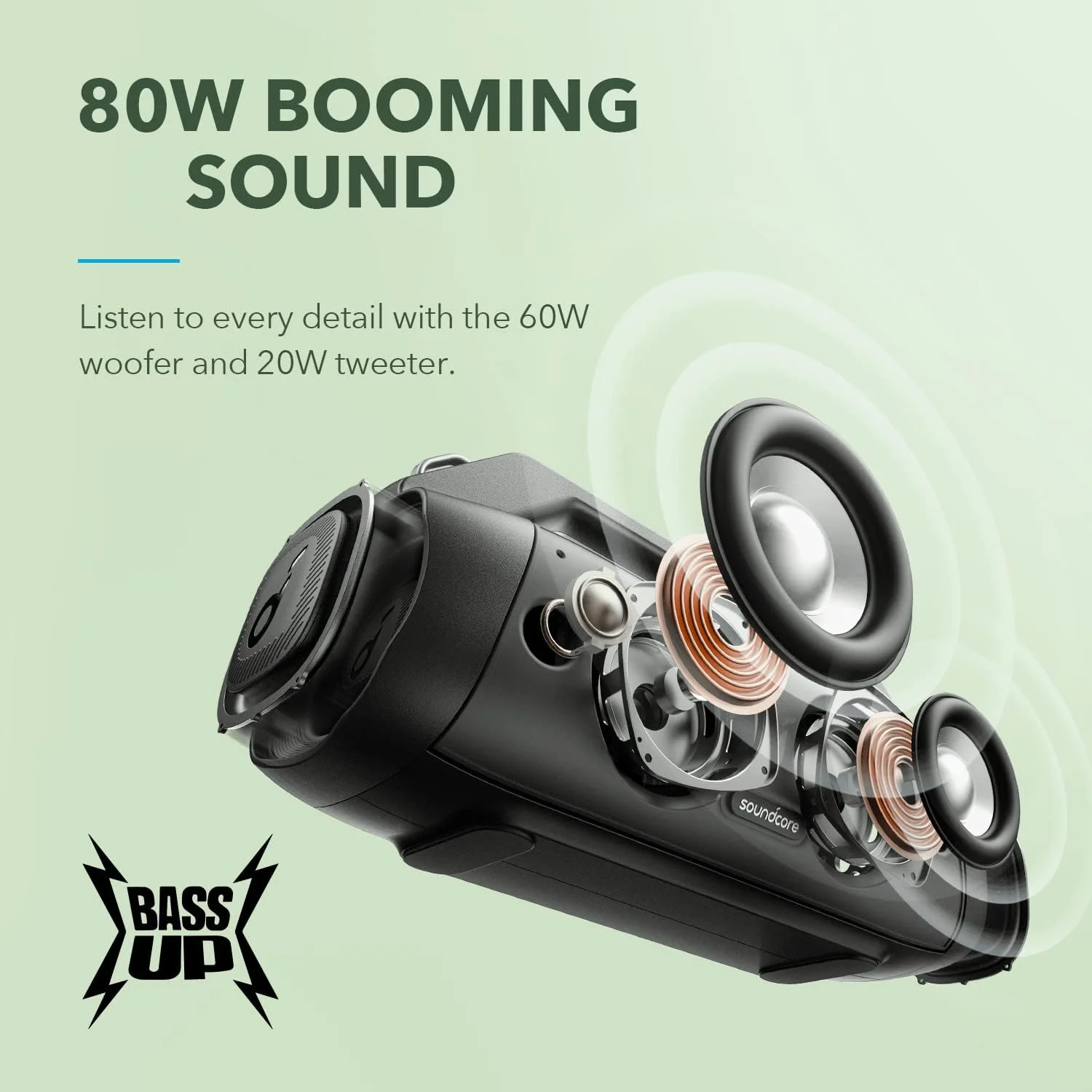 اسپیکر بلوتوثی قابل حمل و ضدآب Anker Soundcore Motion Boom Plus مناسب فضای باز با صدای فراگیر 80 واتی، 20 ساعت پخش مداوم، استاندارد IP67 مقاوم در برابر آب و گرد و غبار، پورت Type-C، اکولایزر قابل تنظیم، بلوتوث 5.3، مناسب فضای باز و کمپینگ