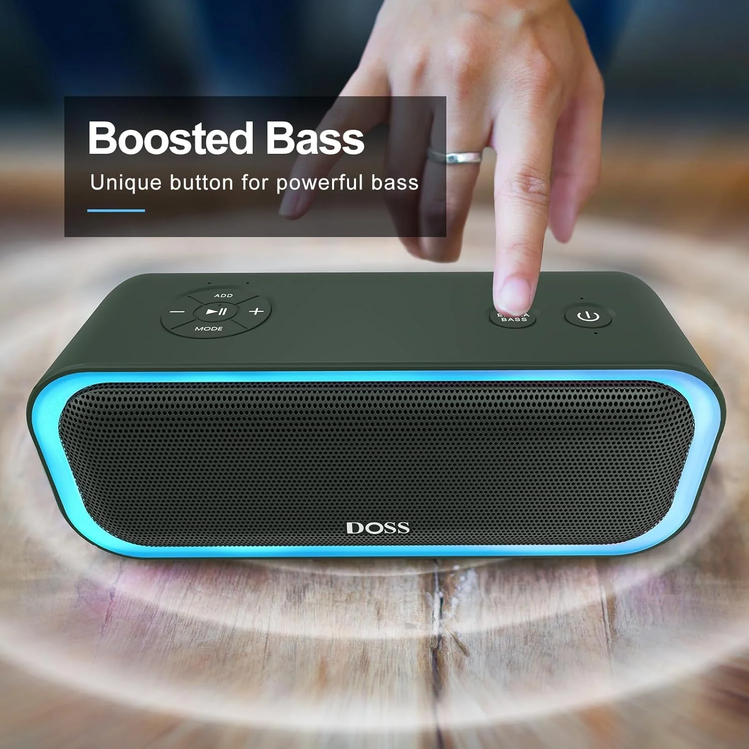 اسپیکر بلوتوثی DOSS SoundBox Pro با صدای استریو 20 واتی، بیس فعال اضافی، ضد آب IPX6، جفت شدن TWS، نورهای چند رنگ، 20 ساعت پخش، قابل حمل برای فضای باز - سبز سروی