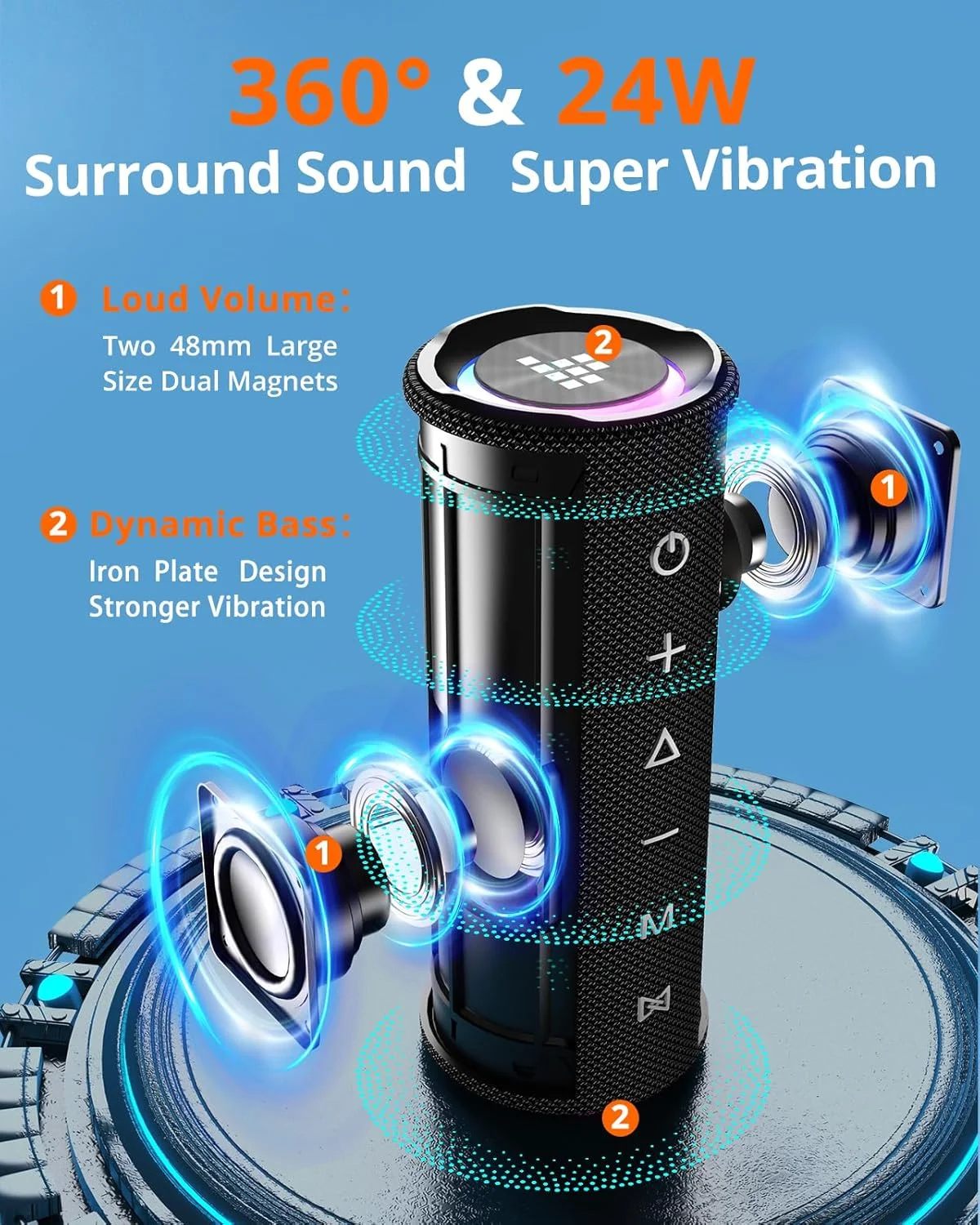 اسپیکر بلوتوثی قابل حمل ترونسمارت مدل Mirtune C2، صدای فراگیر 360 درجه 24 واتی HD و بیس عمیق، ضد آب IPX7، 24 ساعت پخش، نورپردازی، اتصال استریو با TF/AUX برای فضای باز، خانه، مهمانی (مشکی) اسپیکر بلوتوثی قابل حمل ترونسمارت مدل Mirtune C2، صدای فراگیر 360 درجه 24 واتی HD و بیس عمیق، ضد آب IPX7، 24 ساعت پخش، نورپردازی، اتصال استریو با TF/AUX برای فضای باز، خانه، مهمانی (مشکی)