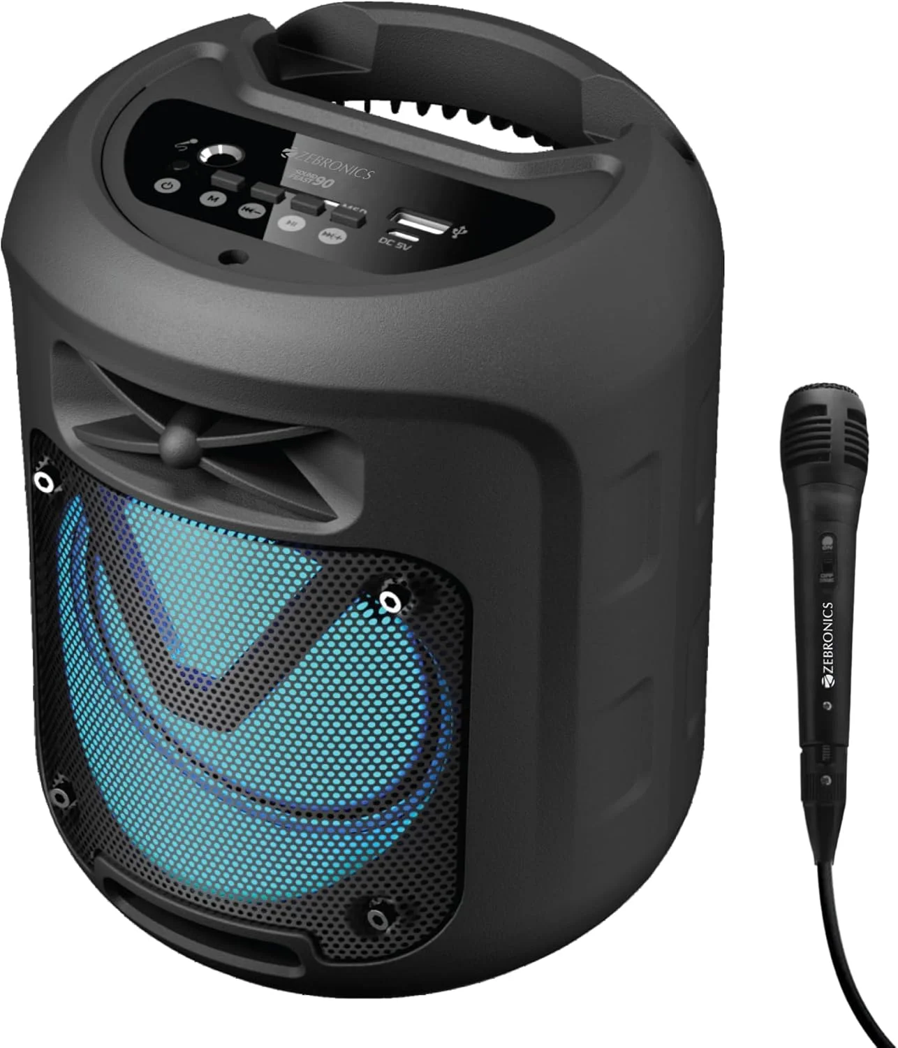 اسپیکر بی سیم قابل حمل Zebronics Sound Feast 90 با خروجی 10 وات، بلوتوث نسخه 5.0، TWS، پشتیبانی از میکروفون سیمی 6.3 میلی متری، USB، mSD، AUX، نگهدارنده موبایل و چراغ های RGB اسپیکر بی سیم قابل حمل Zebronics Sound Feast 90 با خروجی 10 وات، بلوتوث نسخه 5.0، TWS، پشتیبانی از میکروفون سیمی 6.3 میلی متری، USB، mSD، AUX، نگهدارنده موبایل و چراغ های RGB