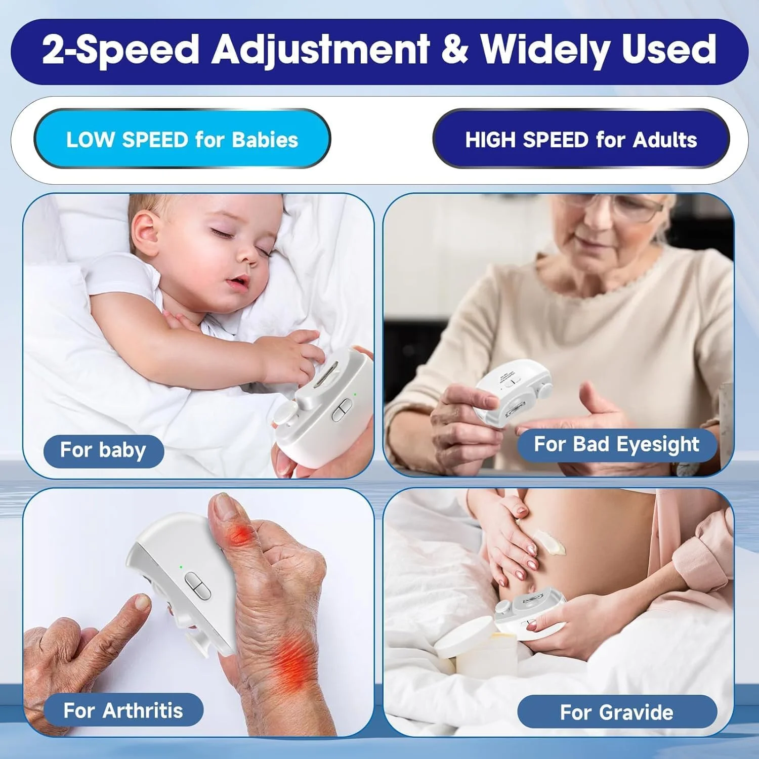 ناخن گیر برقی ارتقا یافته Aokraty، سوهان ناخن برقی، ناخن گیر اتوماتیک 2 سرعته با چراغ LED و محفظه نگهداری خرده ناخن - قابل شارژ USB برای نوزاد، کودکان، بزرگسالان، سالمندان (سفید)