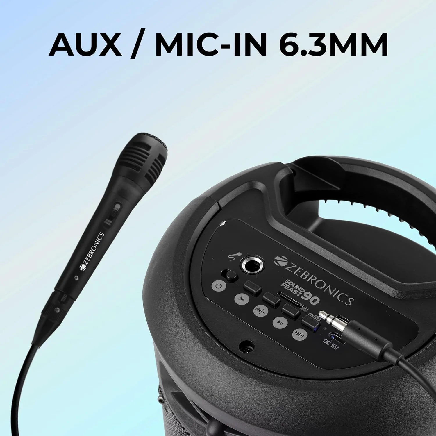 اسپیکر بی سیم قابل حمل Zebronics Sound Feast 90 با خروجی 10 وات، بلوتوث نسخه 5.0، TWS، پشتیبانی از میکروفون سیمی 6.3 میلی متری، USB، mSD، AUX، نگهدارنده موبایل و چراغ های RGB اسپیکر بی سیم قابل حمل Zebronics Sound Feast 90 با خروجی 10 وات، بلوتوث نسخه 5.0، TWS، پشتیبانی از میکروفون سیمی 6.3 میلی متری، USB، mSD، AUX، نگهدارنده موبایل و چراغ های RGB