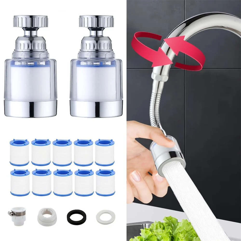 شیر آب فیلتردار سینک، فیلتر شیر آب حمام، تصفیه کننده فیلترهای شیر آب با چرخش 360 درجه، فیلتراسیون شیر آشپزخانه برای حذف کلر، فلوراید، فلزات سنگین، آب سخت برای حمام و آشپزخانه خانگی (2 عدد)