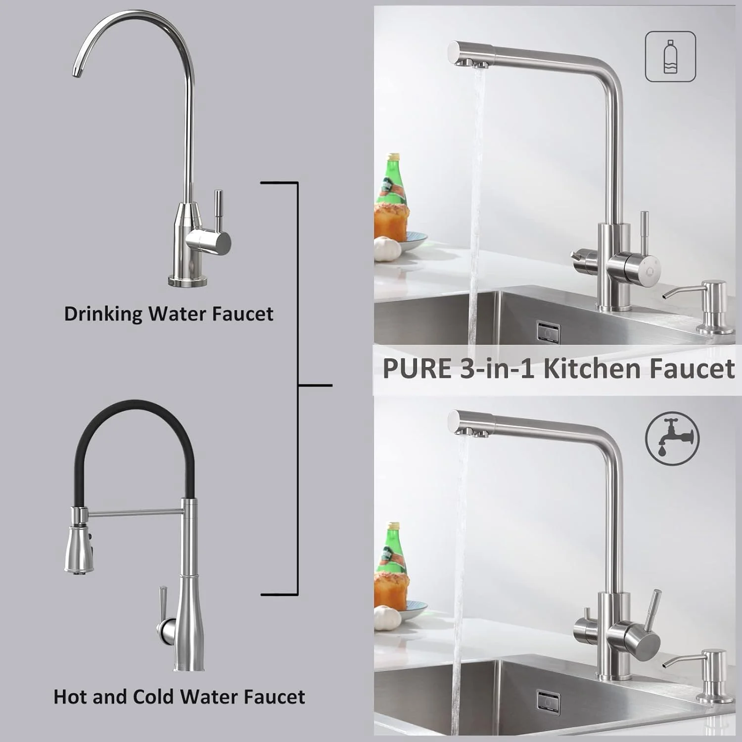 شیر آشپزخانه خالص CECIPA، شیر آشپزخانه 3 طرفه، چرخش 360 درجه، شیر فشار قوی، شیر آب آشامیدنی با اهرم دوبل، شیر مخلوط 3 در 1 برای سیستم های اسمز معکوس، فیلتر آب، استیل ضد زنگ برس خورده شیر آشپزخانه خالص CECIPA، شیر آشپزخانه 3 طرفه، چرخش 360 درجه، شیر فشار قوی، شیر آب آشامیدنی با اهرم دوبل، شیر مخلوط 3 در 1 برای سیستم های اسمز معکوس، فیلتر آب، استیل ضد زنگ برس خورده