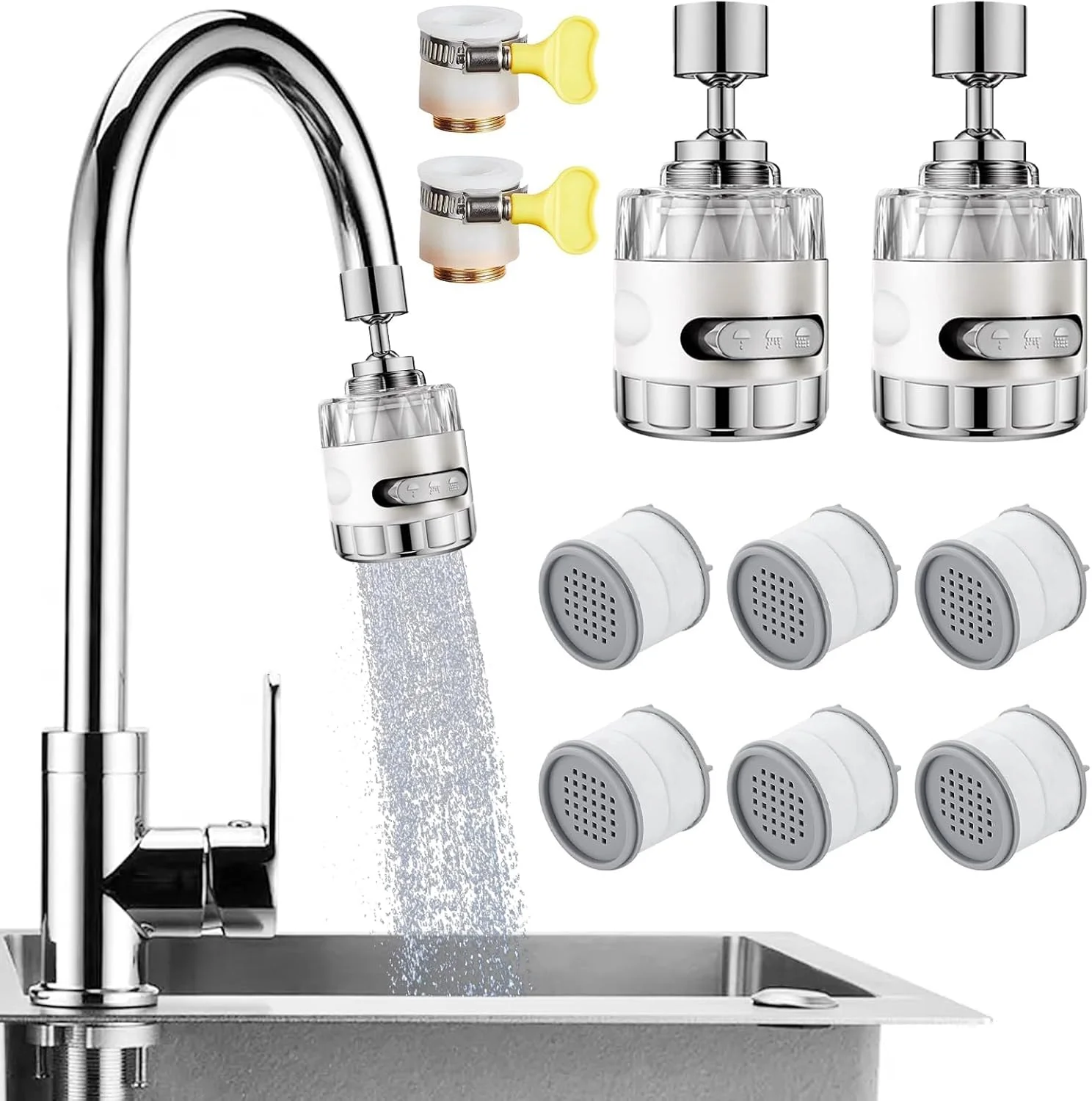 فیلتر آب شیر سینک یونیورسال 2 عددی - فیلتر شیر آب چرخشی 360 درجه با 3 حالت، حذف کلر، فلوراید و فلزات سنگین برای آشپزخانه و حمام، راه حل آب سخت (نصب آسان) فیلتر آب شیر سینک یونیورسال 2 عددی - فیلتر شیر آب چرخشی 360 درجه با 3 حالت، حذف کلر، فلوراید و فلزات سنگین برای آشپزخانه و حمام، راه حل آب سخت (نصب آسان)