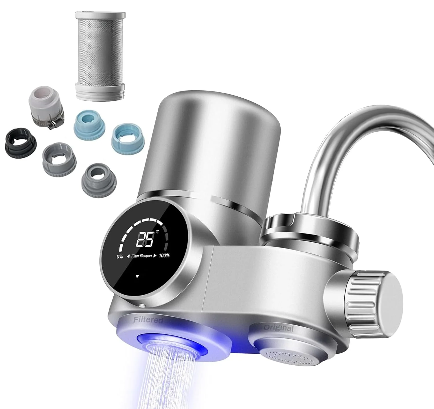 فیلتر شیر آب، سیستم ارتقا یافته تصفیه آب نصب شده روی شیر، نمایشگر LED، دستگاه تصفیه آب شیر آب سرب، کلر و فلزات سنگین را کاهش می دهد، مناسب برای شیرهای استاندارد (فیلتر شیر آب)