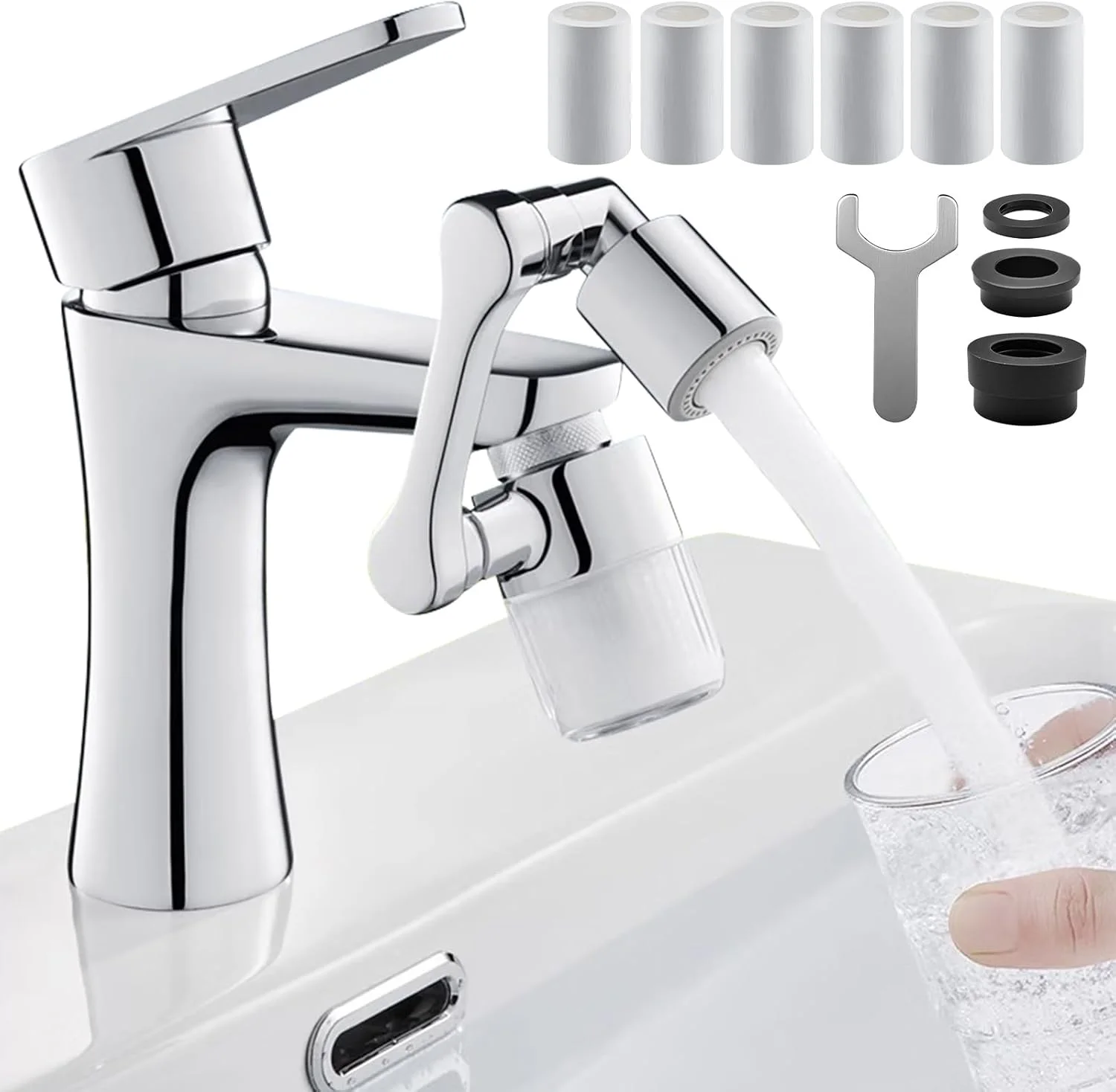 افزایش دهنده چرخان شیر آب URbazaar با قابلیت چرخش 1440 درجه با فیلتر آب قابل مشاهده و 5 عنصر فیلتر جایگزین، شیر آب تاشو و جهانی ضد پاشش با دو حالت خروجی آب برای آشپزخانه و حمام