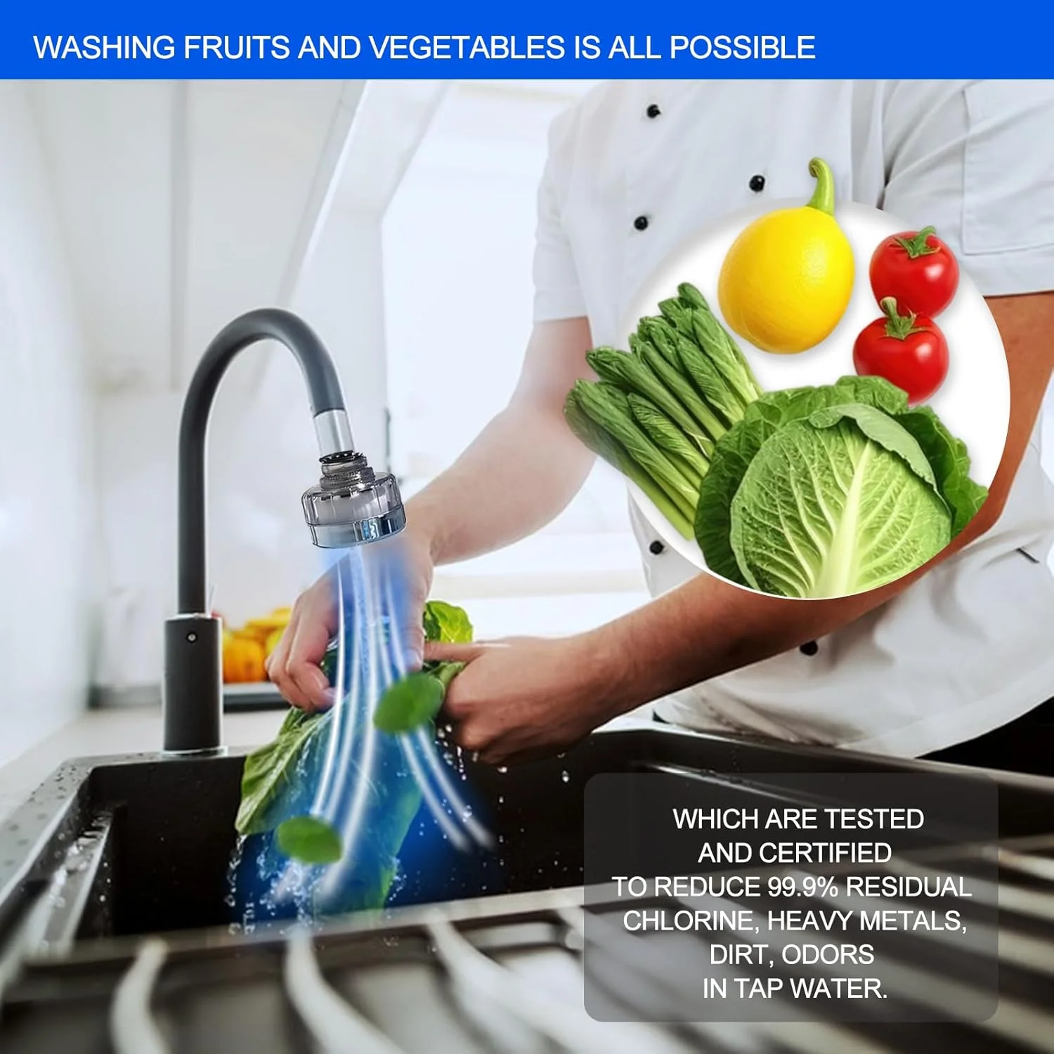 فیلتر آب شیر سینک 6 در 1 با عمر طولانی، کیت فیلتر شیر آب قابل تعویض - حذف 99% کلر و نرم کردن آب سخت، فیلتر آب شیر حمام سینک برای پوست های حساس