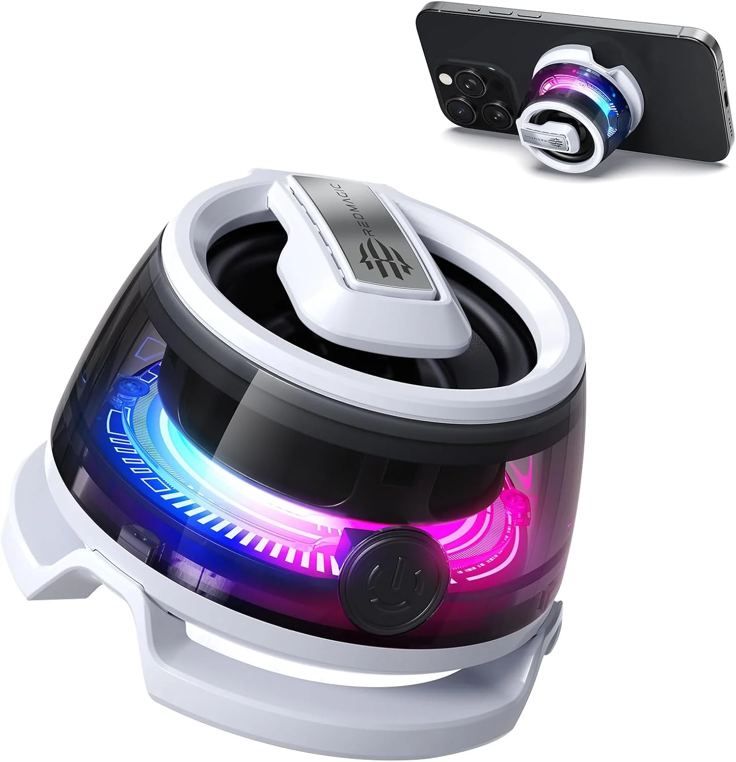 پایه نگهدارنده گوشی نوبیا RedMagic Mini به همراه اسپیکر بلوتوثی، BT 5.3، نور RGB، حالت بازی/موسیقی، اسپیکر مغناطیسی بیسیم قابل حمل برای گلف کارت، مسافرت، حمام، فضای باز یا سطوح فلزی پایه نگهدارنده گوشی نوبیا RedMagic Mini به همراه اسپیکر بلوتوثی، BT 5.3، نور RGB، حالت بازی/موسیقی، اسپیکر مغناطیسی بیسیم قابل حمل برای گلف کارت، مسافرت، حمام، فضای باز یا سطوح فلزی