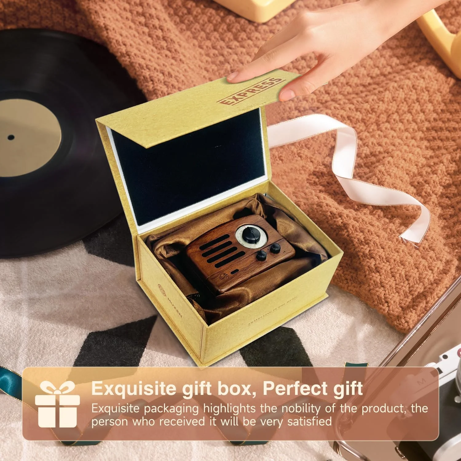 اسپیکر بلوتوث قابل حمل موزن، اسپیکر وایرلس کوچک چوبی وینتیج OTR، رادیو FM با آنتن AUX، پخش طولانی مدت +10 ساعت، صدای استریو با کیفیت بالا با کیف، مناسب هدیه، خانه، پیک نیک