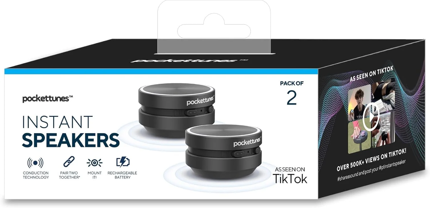 اسپیکر بلوتوثی پاکت‌تونز، اسپیکر بی‌سیم قابل حمل با هدایت استخوانی، صدای بلندتر، صدای شفاف، بیس قوی، پخش کننده موسیقی کوچک برای خانه، فضای باز، بسته مهمانی 2 عددی (مشکی)