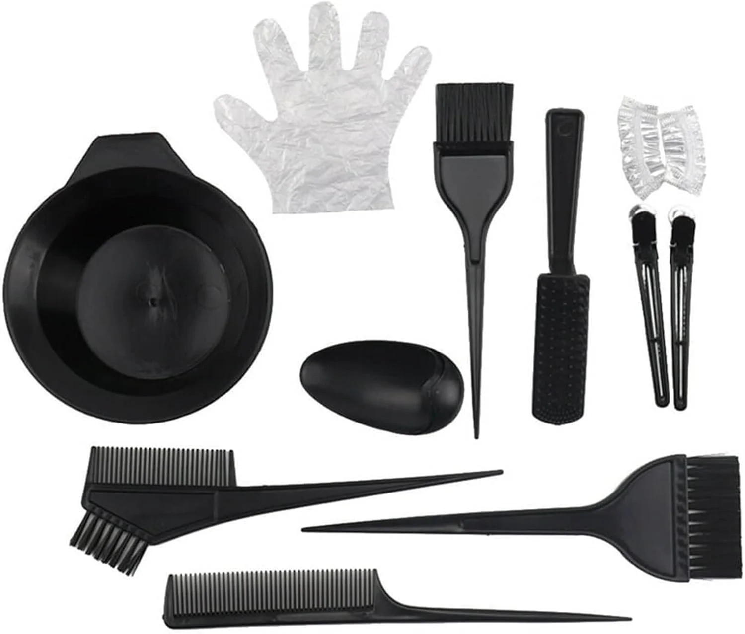 ست رنگ مو آماپینگ، کیت رنگ آمیزی مو، ست برس و کاسه رنگ مو قابل استفاده مجدد، کاسه رنگ مو، برس رنگ، پوشش گوش، گیره، دستکش، قاشق مخلوط کن، کلاه و شنل یکبار مصرف