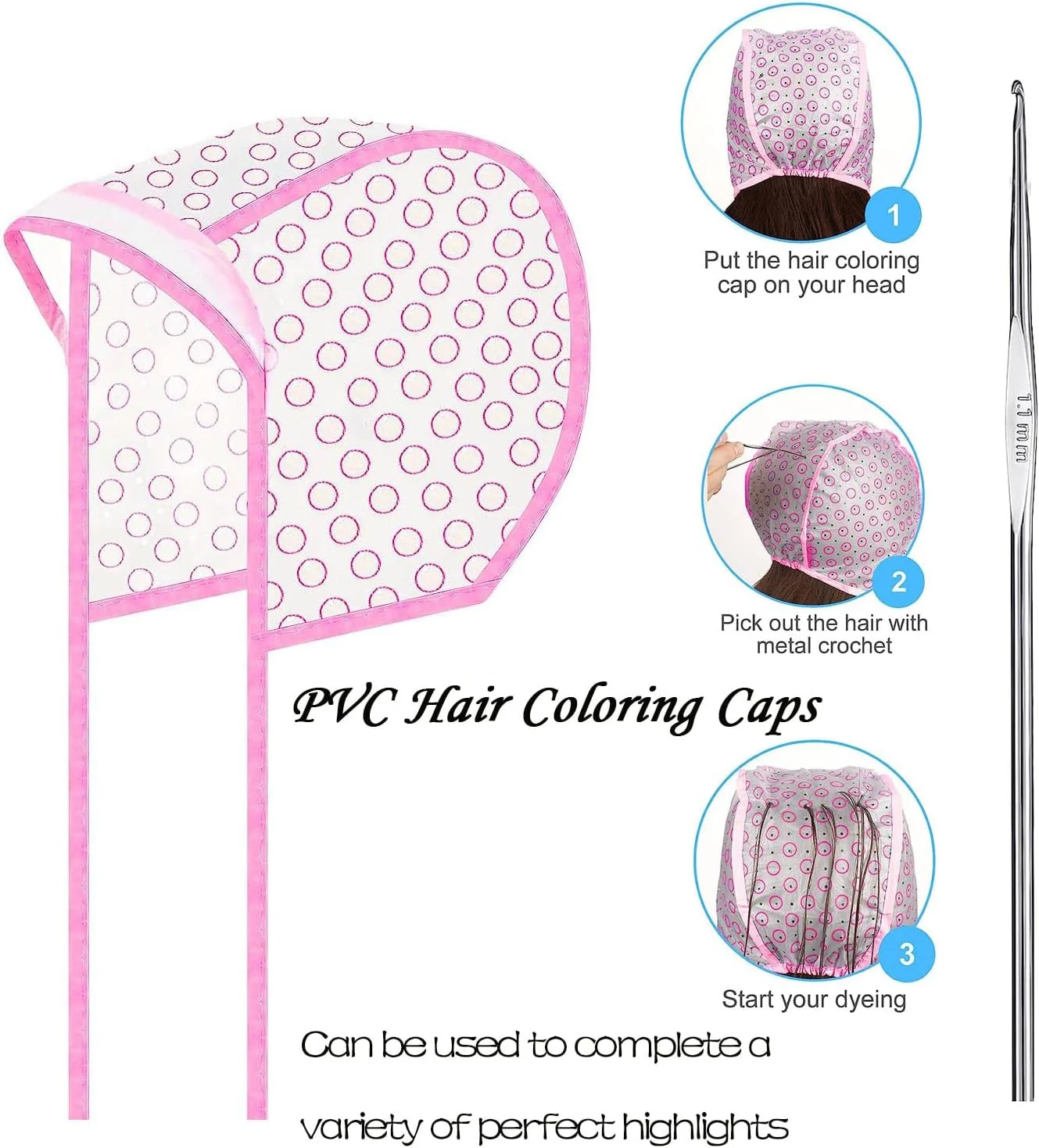 ست رنگ مو 11 تکه، ست حرفه ای رنگ کردن مو، کلاه مش و برس کاسه ای رنگ مو، کاسه ترکیب رنگ، کلاه رنگ مو، سوزن مو، برس رنگ مو، گیره مو (صورتی)