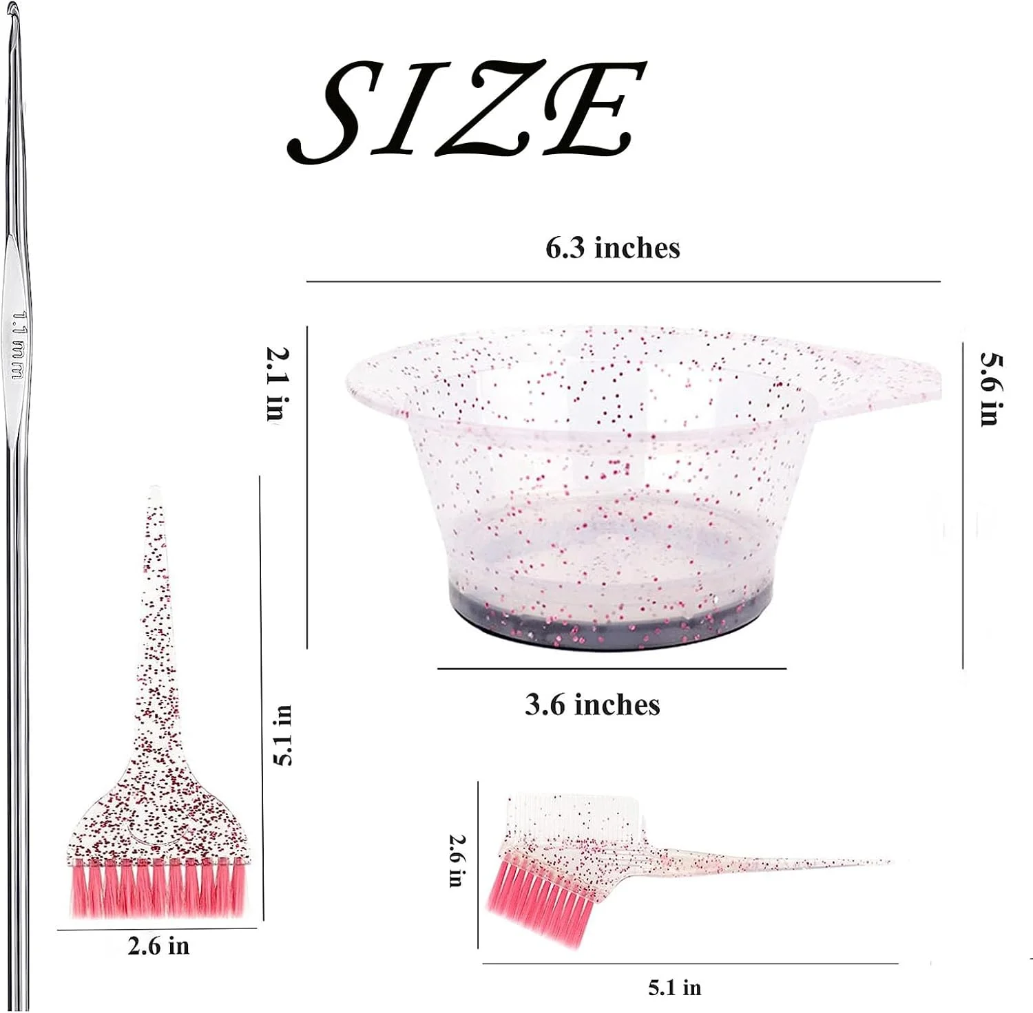 ست رنگ مو 11 تکه، ست حرفه ای رنگ کردن مو، کلاه مش و برس کاسه ای رنگ مو، کاسه ترکیب رنگ، کلاه رنگ مو، سوزن مو، برس رنگ مو، گیره مو (صورتی)