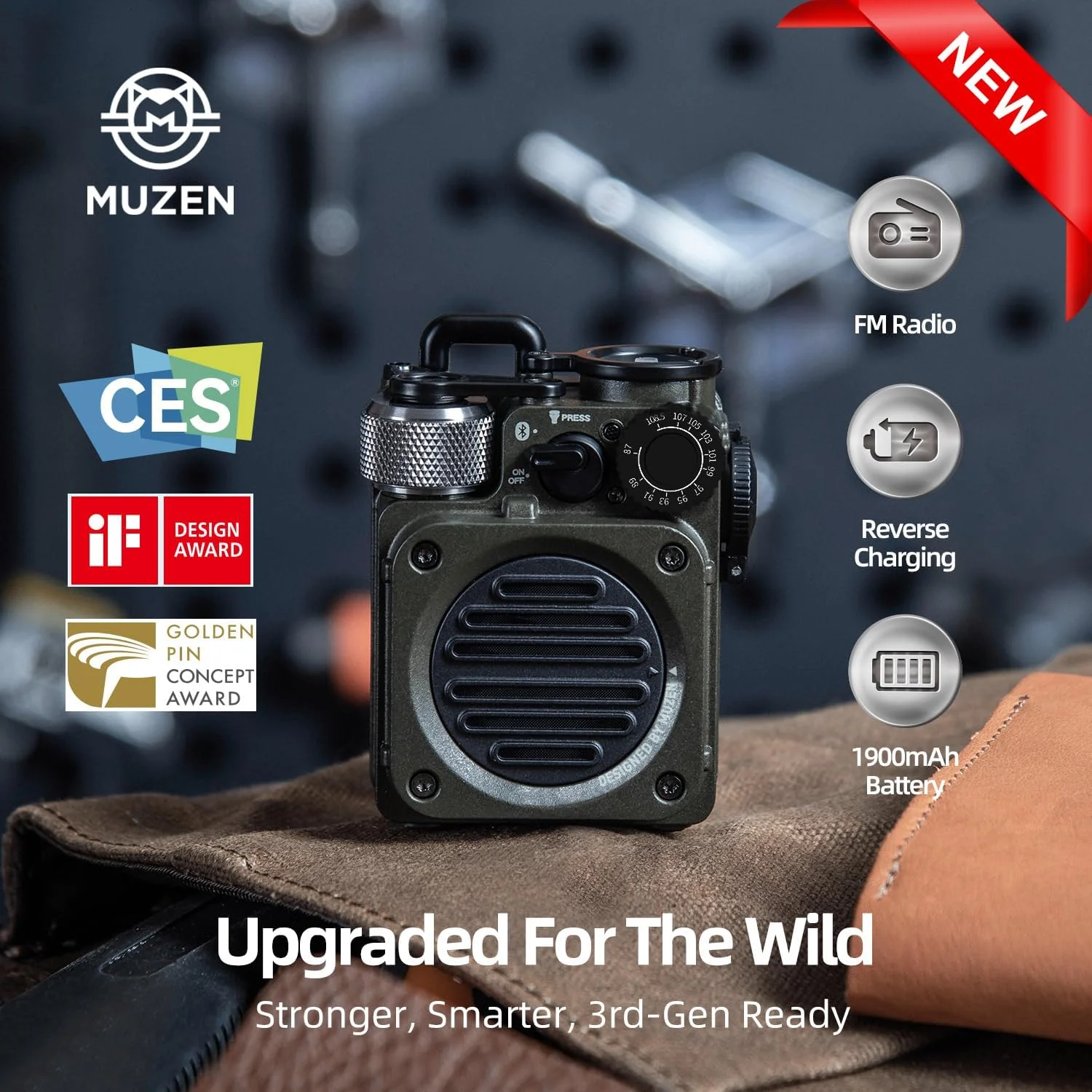اسپیکر بلوتوثی بی‌سیم قابل حمل Muzen Upgraded Wild Mini 3.0 مناسب فضای باز با رادیو FM، شارژر تلفن/15 ساعت پخش/IPX5 ضد آب/چراغ قوه 3 حالته، مناسب کمپینگ/پیاده‌روی/مسافرت (سبز)