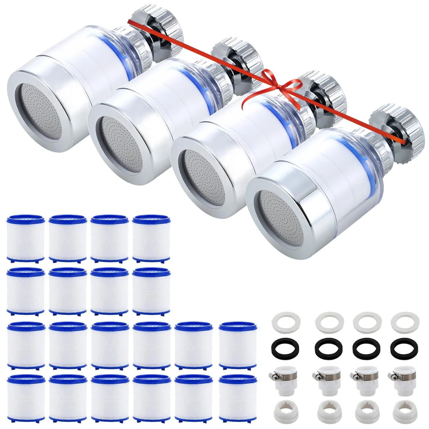 فیلتر شیر آب سینک، فیلتر شیر آب جهانی با قابلیت چرخش 360 درجه، تصفیه کننده آب شیر آشپزخانه و حمام - حذف کلر، فلوراید، فلزات سنگین و سختی آب برای خانه (4 عدد + 24 کارتریج فیلتر)