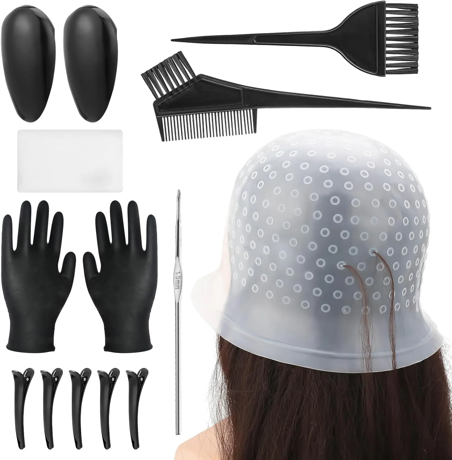 مجموعه ۱۲ عددی ابزار رنگ آمیزی مو JRJRN، کلاه مش سیلیکونی با سوزن رنگ مو، برس رنگ مو و کاسه رنگ، شامل شال یکبار مصرف، کلاه دوش، گیره مو، شانه، دستکش