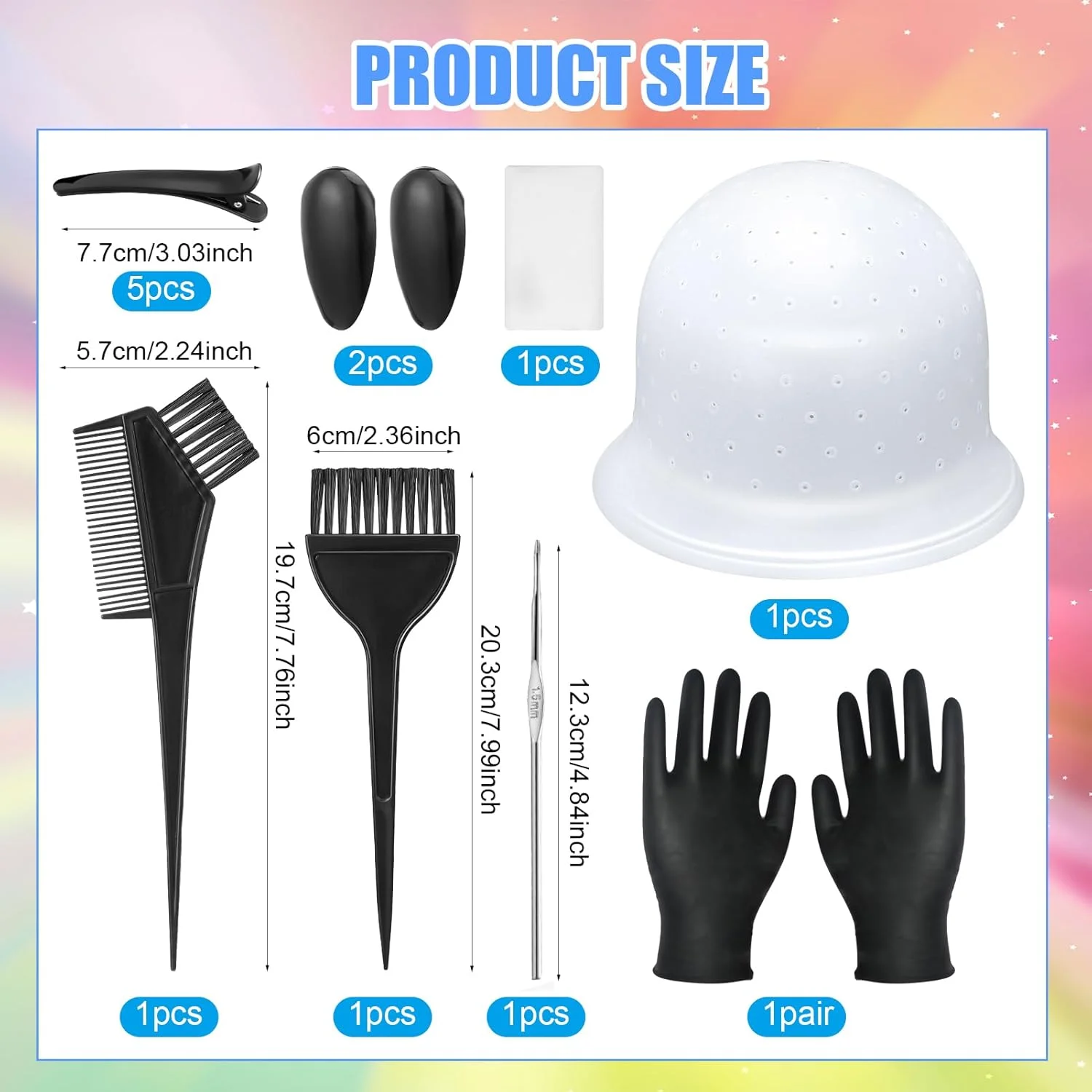 مجموعه ۱۲ عددی ابزار رنگ آمیزی مو JRJRN، کلاه مش سیلیکونی با سوزن رنگ مو، برس رنگ مو و کاسه رنگ، شامل شال یکبار مصرف، کلاه دوش، گیره مو، شانه، دستکش