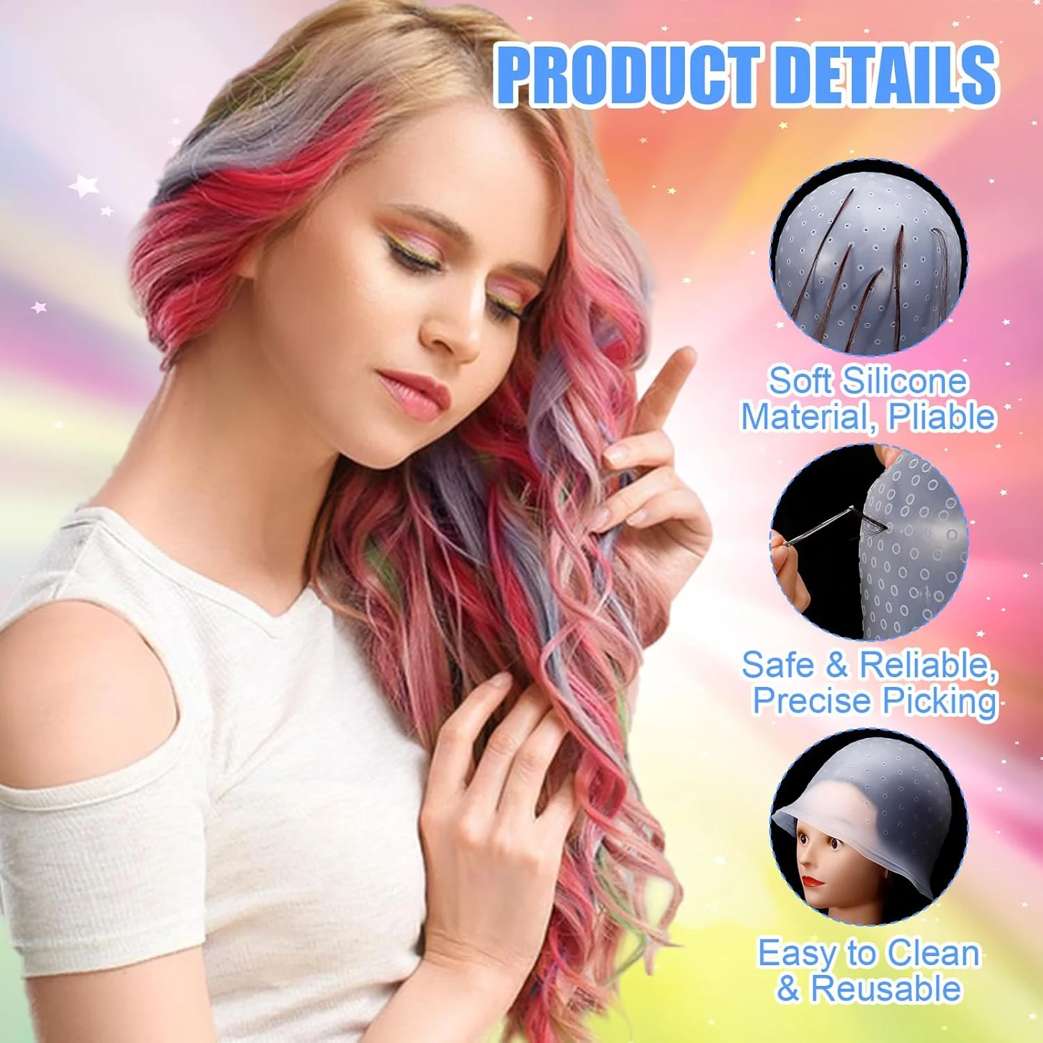 مجموعه ۱۲ عددی ابزار رنگ آمیزی مو JRJRN، کلاه مش سیلیکونی با سوزن رنگ مو، برس رنگ مو و کاسه رنگ، شامل شال یکبار مصرف، کلاه دوش، گیره مو، شانه، دستکش