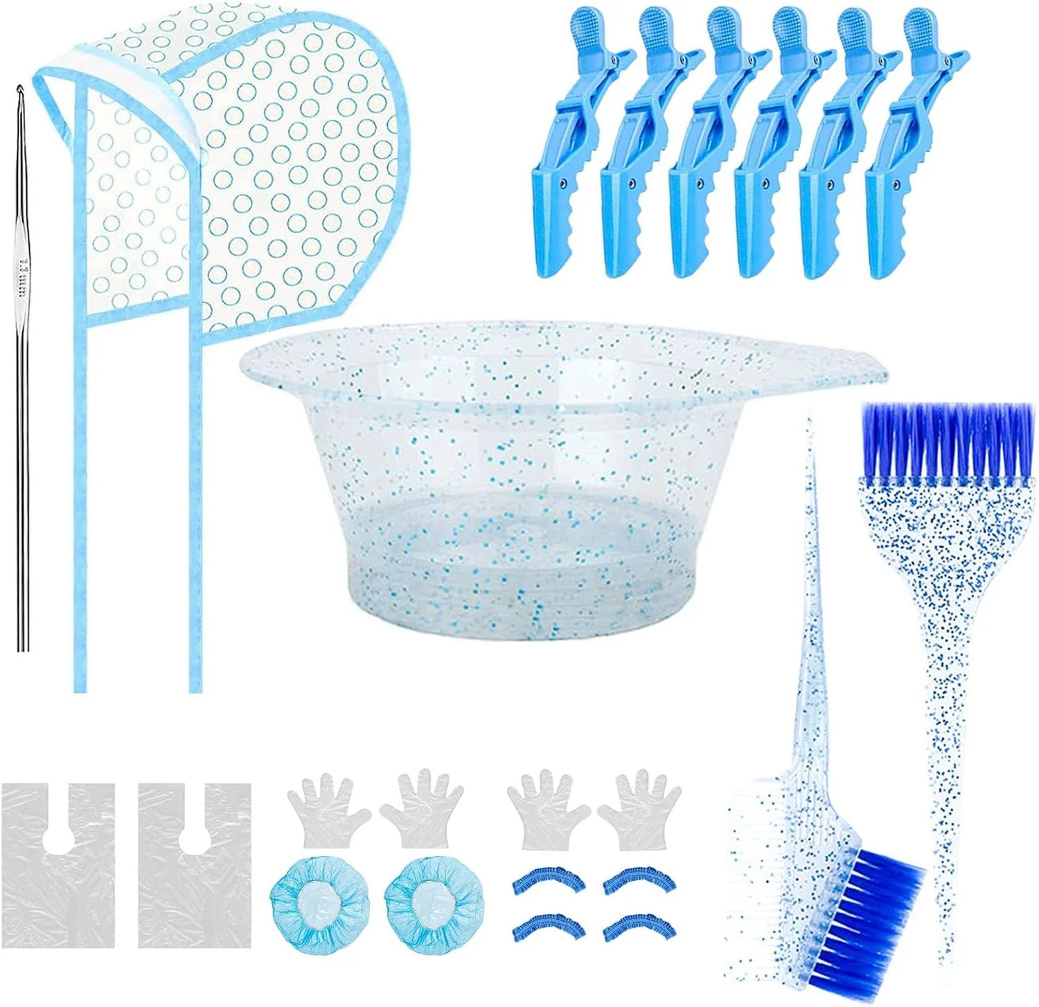 ست رنگ مو 19 تکه آبی، کیت رنگ موی حرفه ای سالنی، ست برس و کاسه کلاه مش، کیت رنگ موی حرفه ای برای رنگ کردن مو در خانه و سالن (19 تکه، آبی)