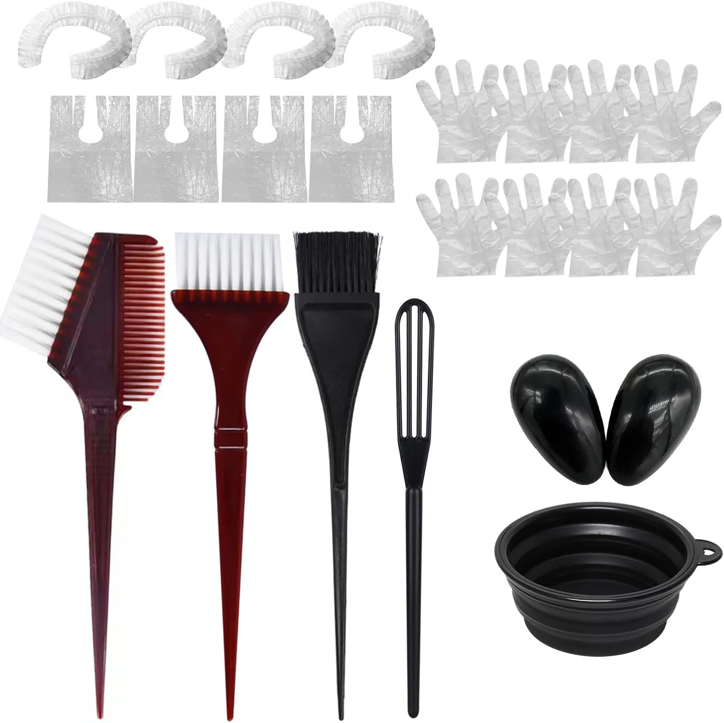 مجموعه ۲۲ عددی رنگ مو ویکرامی شامل برس رنگ، گوش گیر، قاشق مخلوط کن، دستکش، شال یکبار مصرف، کلاه رنگ، کاسه و برس رنگ مو، کیت رنگ موی سالنی خانگی