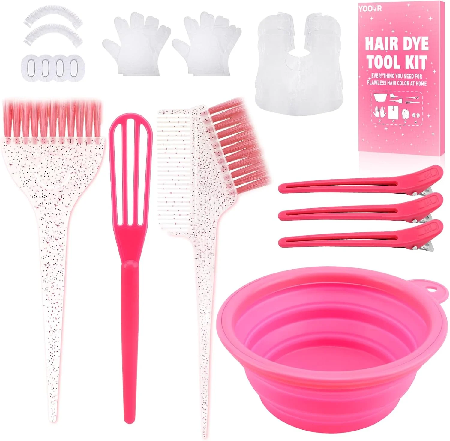 ست رنگ و دکلره مو YOOVR شامل 19 قطعه، برس رنگ مو، کاسه، همزن، گیره مو و لوازم محافظتی، مناسب برای دکلره، رنگ و هایلایت مو، لوازم ضروری سالن برای خانم ها و آرایشگران