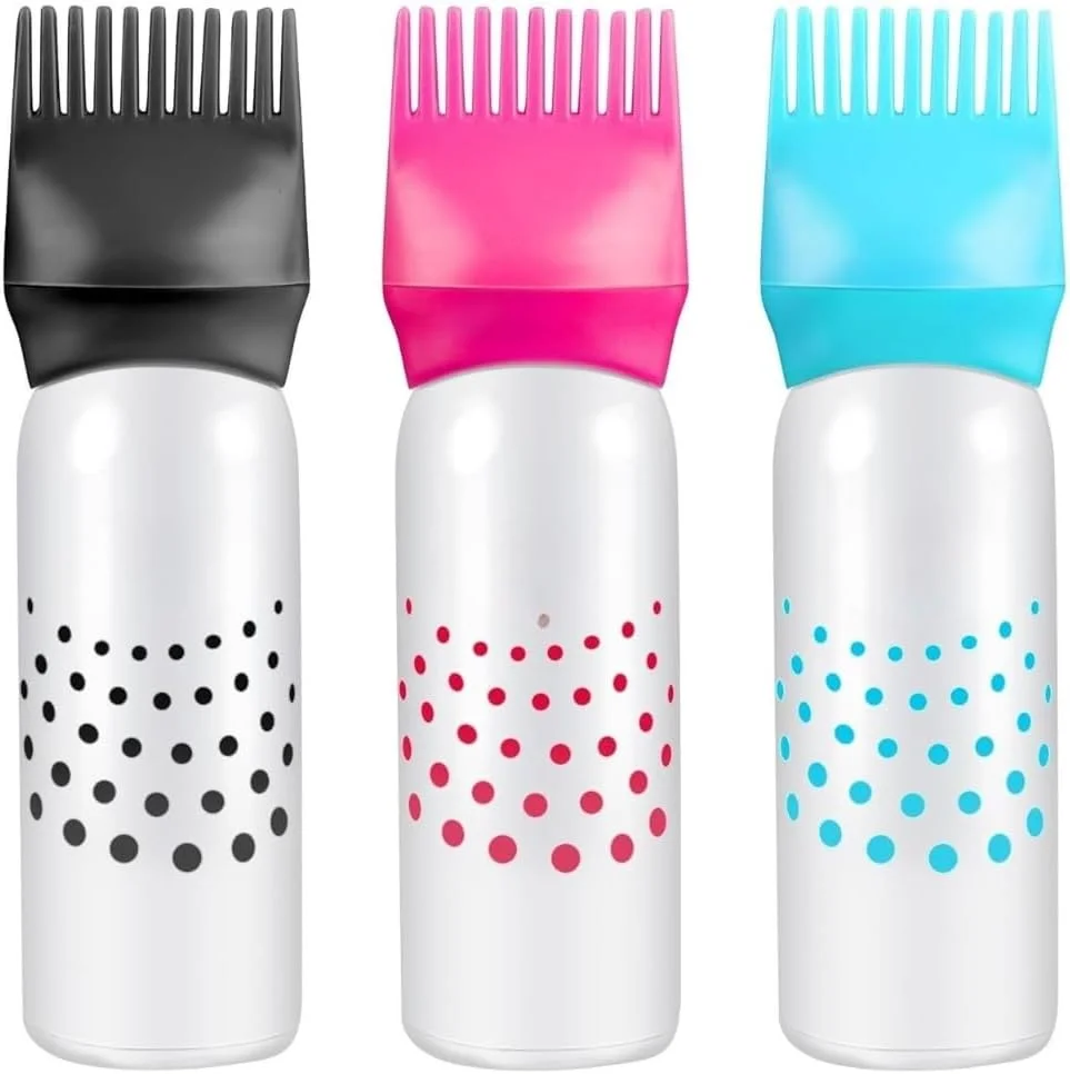 بسته 3 عددی بطری اپلیکاتور شانه ریشه مو – بطری فشاری پلاستیکی رنگارنگ 6 اونسی با مقیاس مدرج، ابزار اپلیکاتور رنگ مو سریع و کارآمد برای سالن خانگی، بطری اپلیکاتور روغن و رنگ مو