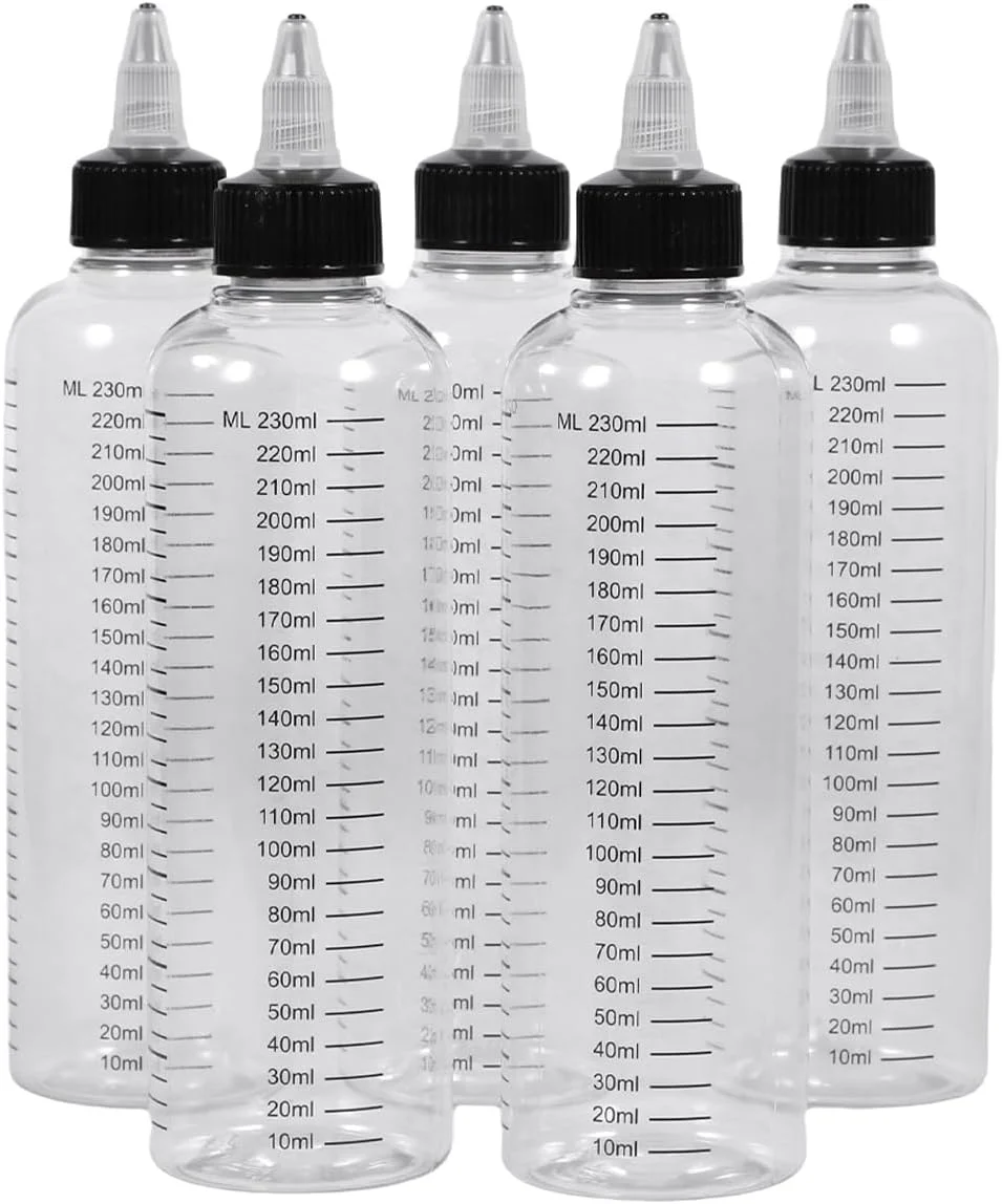 تئوکات بسته 5 عددی بطری فشاری 230 میلی لیتر، بطری اپلیکاتور مو، بطری های فشاری پلاستیکی شفاف با مقیاس، بطری سس، بطری فشاری برای نقاشی، صنایع دستی، آشپزخانه، آرایشگاه