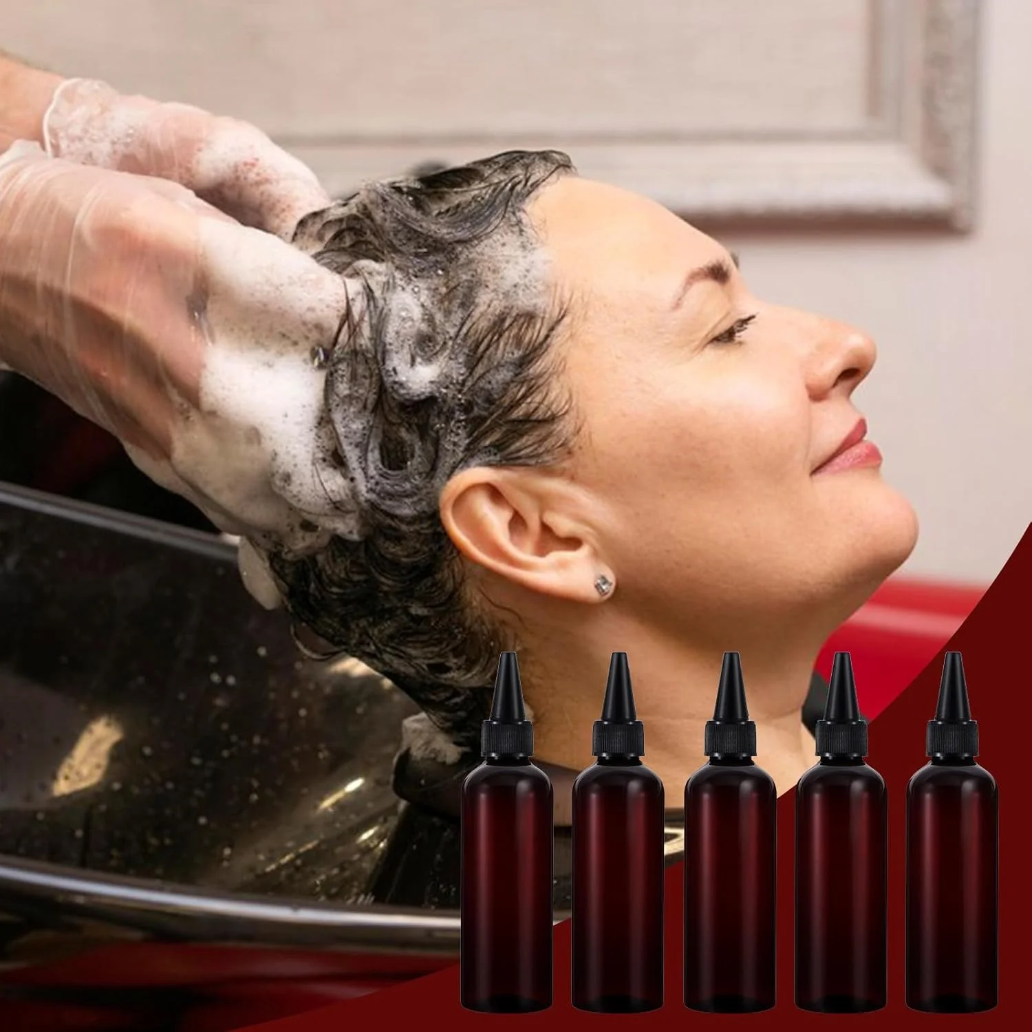 بطری های رنگ مو وانمو، 5 عدد، بطری فشاری قابل پر کردن، بطری های پلاستیکی کهربایی خالی با درب پیچی، بطری خالی روغن مو برای روغن مو، شامپو و لوسیون مایع