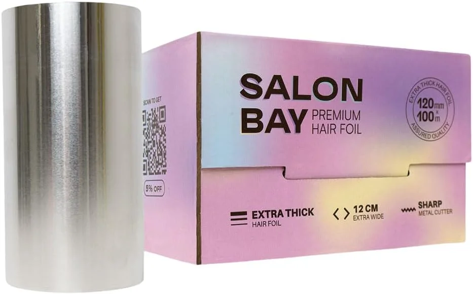 فویل مو سالن بی 12 سانتی متر در 100 متر، فوق العاده پهن و فوق العاده ضخیم به همراه برشگر فویل فلزی برای نیازهای رنگ موی شما. ضخامت 25 میکرون. فویل مو برای هایلایت کردن و مراقبت از مو