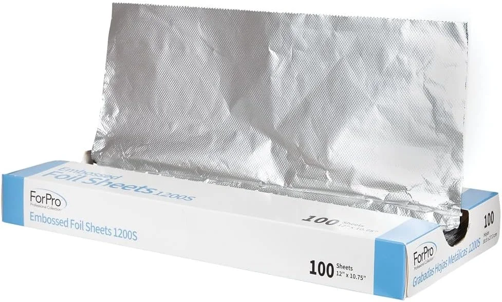 برگه‌های فویل برجسته مجموعه حرفه‌ای ForPro 1200S، فویل آلومینیومی، جعبه پخش کننده بازشو، برای استفاده در رنگ کردن مو و خدمات هایلایت، ایمن برای مواد غذایی، 30.48 سانتی‌متر عرض × 27.30 سانتی‌متر طول، 100 عدد