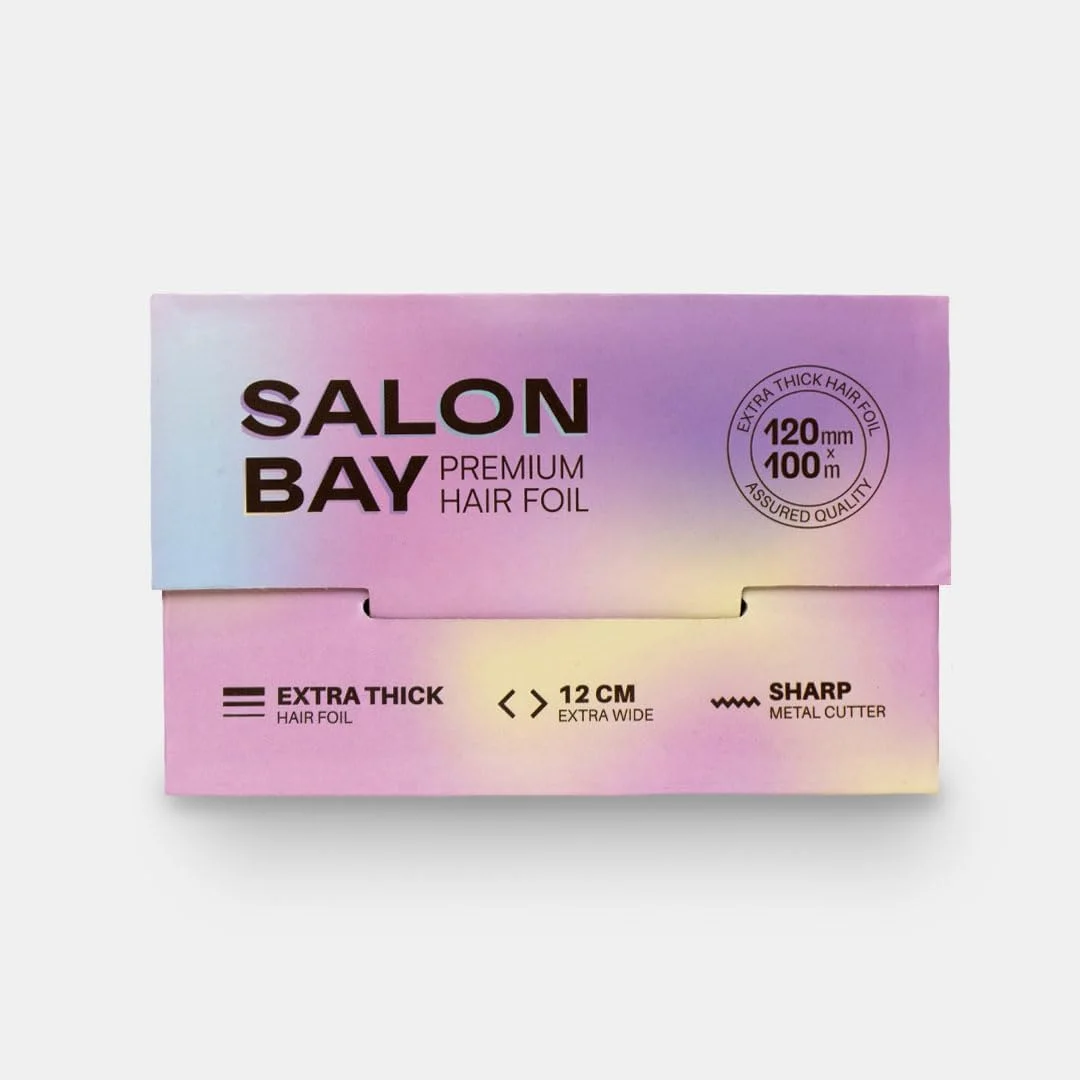 فویل مو سالن بی 12 سانتی متر در 100 متر، فوق العاده پهن و فوق العاده ضخیم به همراه برشگر فویل فلزی برای نیازهای رنگ موی شما. ضخامت 25 میکرون. فویل مو برای هایلایت کردن و مراقبت از مو