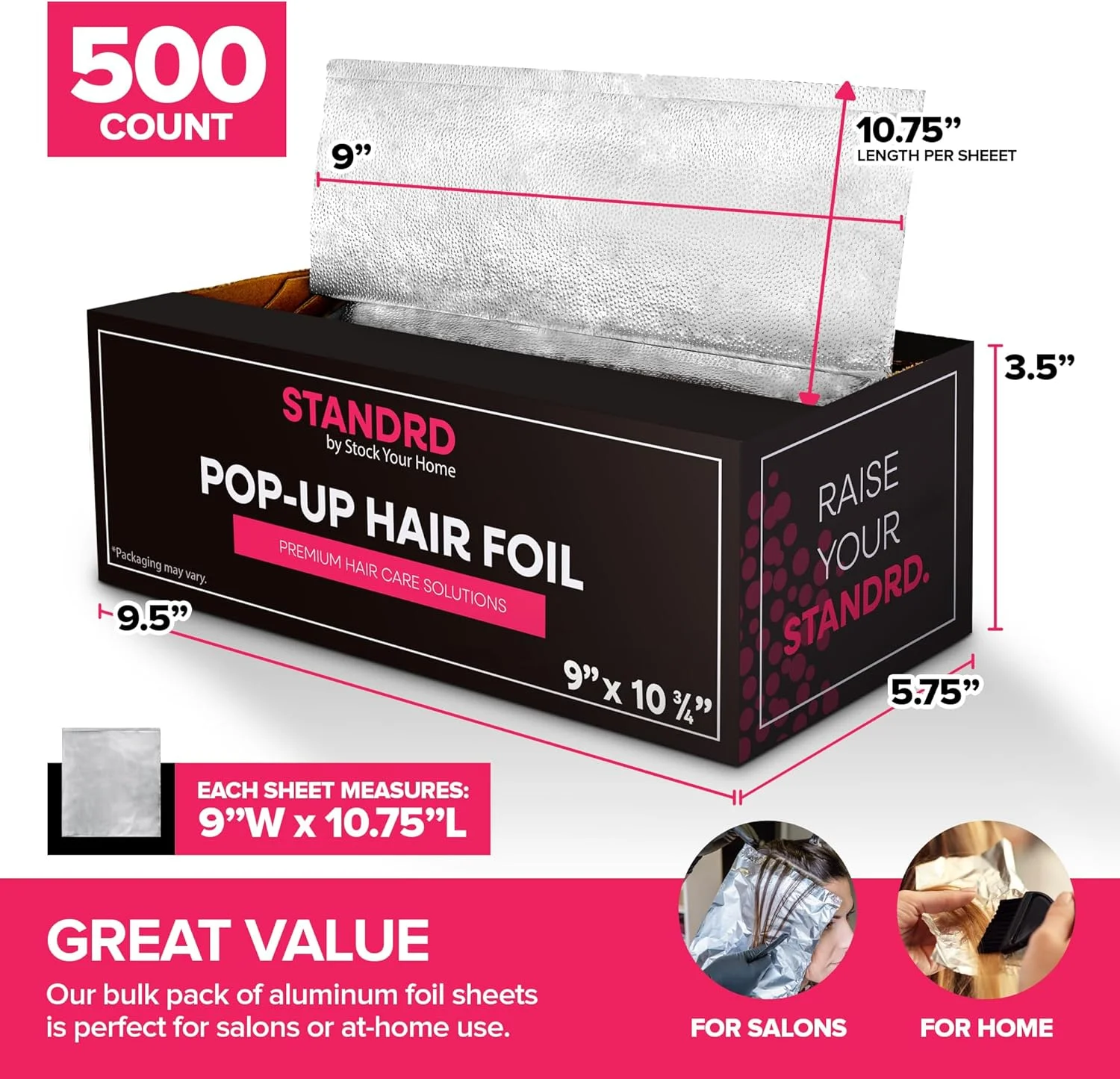 فویل آلومینیومی Stock Your Home، 500 عدد، برای هایلایت مو، ورقه‌های فویلی 9 اینچی پاپ آپ برای سالن یا استفاده شخصی، فویل مو یکبار مصرف منقش برای هایلایت، رنگ کردن مو، فویل پهن برای آرایشگر مو