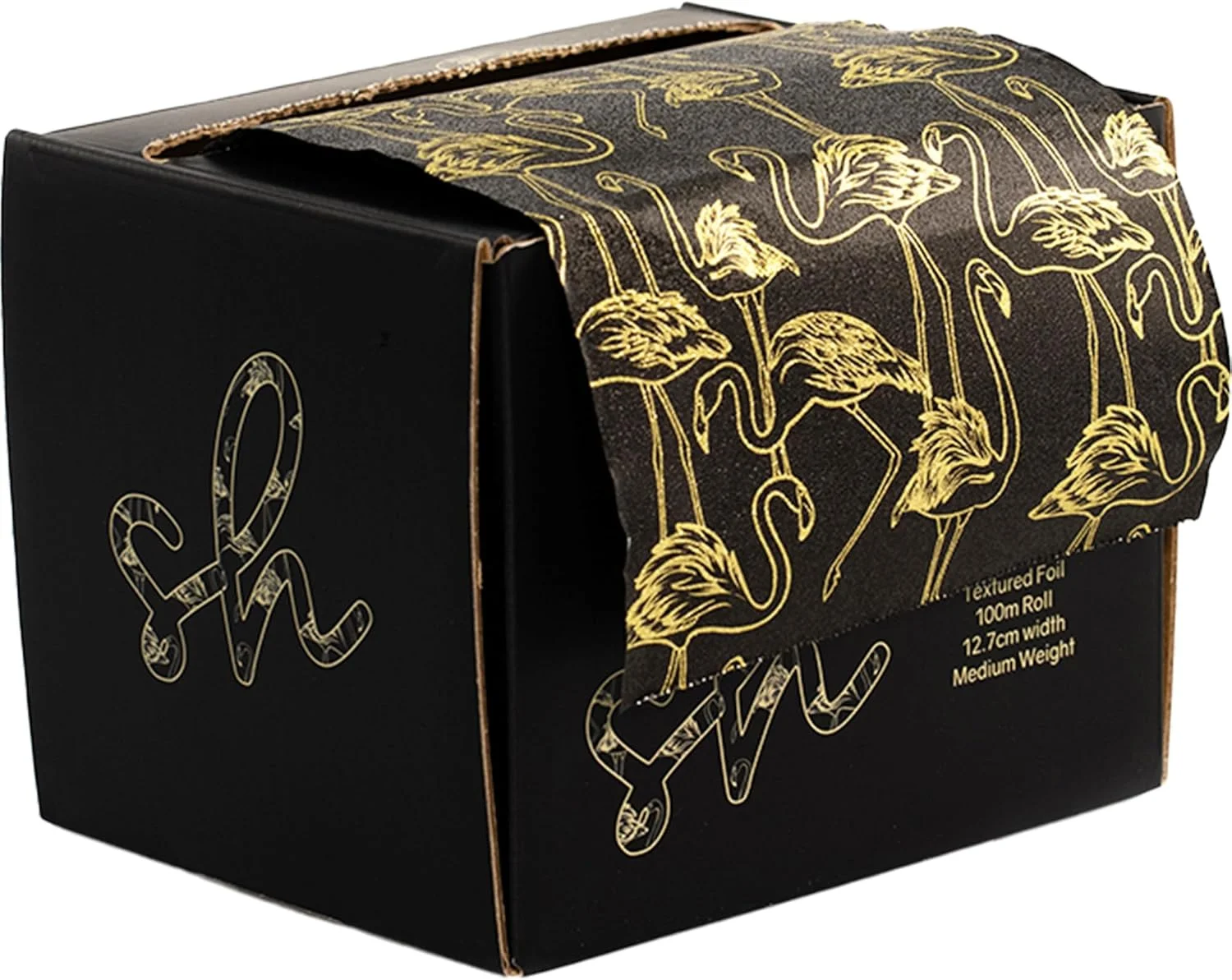 فویل اکسترا واید لوکس مو Simply Hair - 12.7 سانتی متر x 100 متر، مناسب هایلایت و بالیاژ حرفه ای، طرح فلامینگو برجسته، دارای کاتر داخلی - مشکی و طلایی، فویل آرایشی با کیفیت سالن