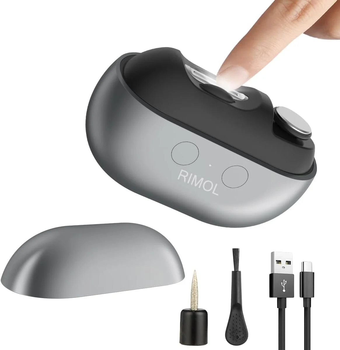 ناخن گیر برقی با قابلیت پولیش، ناخن گیر اتوماتیک 3 در 1 RIMOL با چراغ LED و محفظه نگهداری خرده ناخن، اصلاح بدون درد برای بزرگسالان، سالمندان، زنان، مردان و کودکان (خاکستری مات و مشکی)