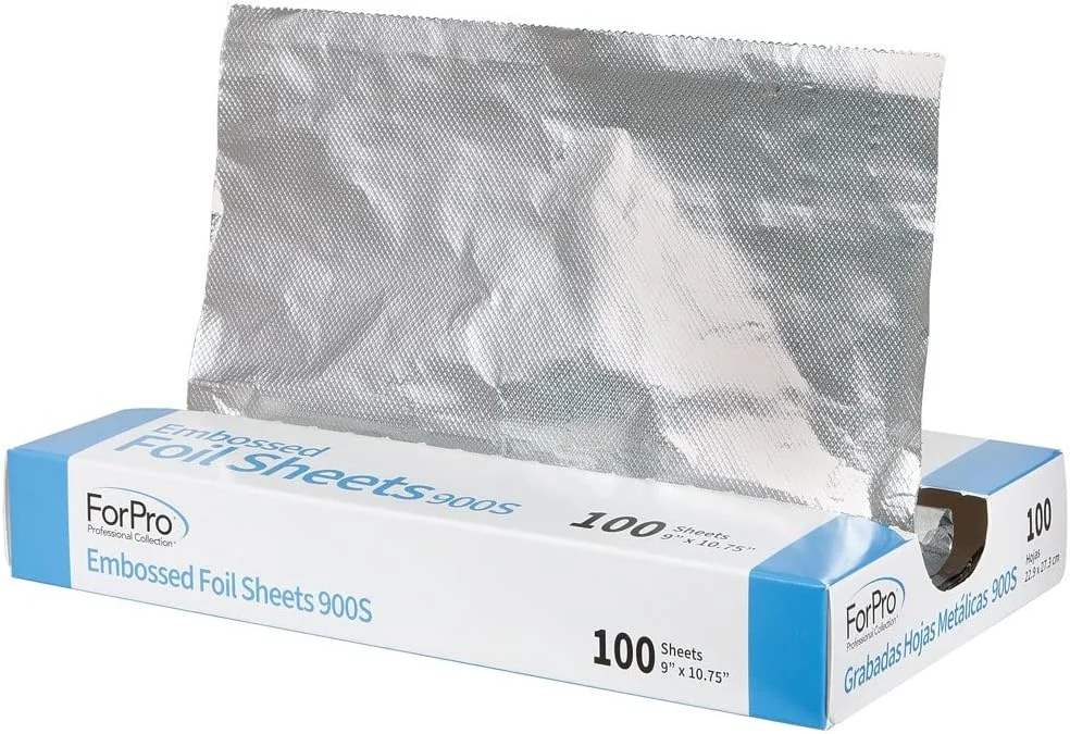 ورق فویل برجسته مجموعه حرفه ای فورپرو 900S، فویل آلومینیومی، جعبه پخش کننده بازشو، برای استفاده در رنگ کردن مو و خدمات هایلایت، ایمن برای مواد غذایی، 22.86 سانتی متر عرض × 27.30 سانتی متر طول، 100 عدد