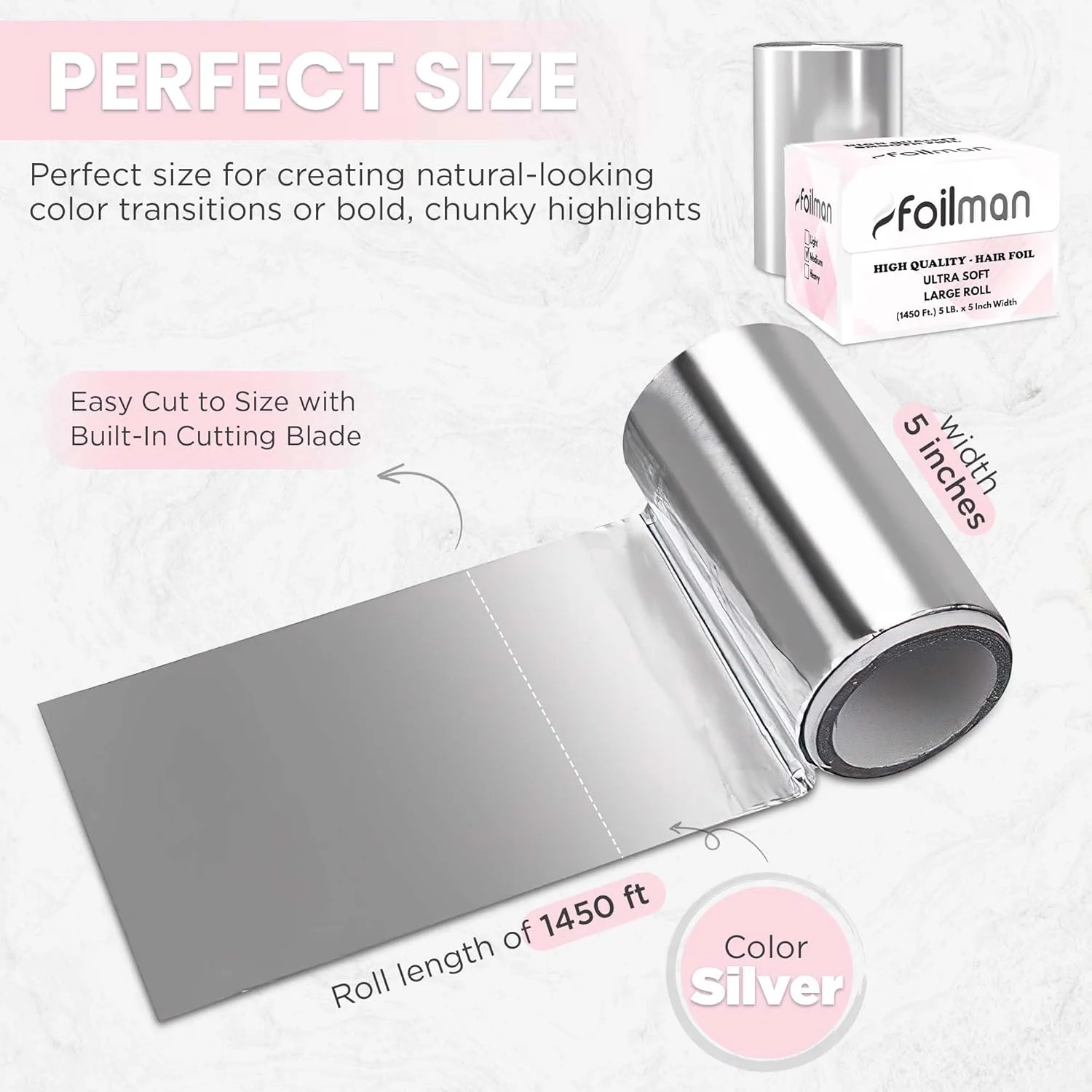 رول فویل آلومینیومی صاف بزرگ Foilman، فویل مو، فویل هایلایت و رنگ مو سالنی، 5 اینچ × 1450 فوت - رنگ نقره ای